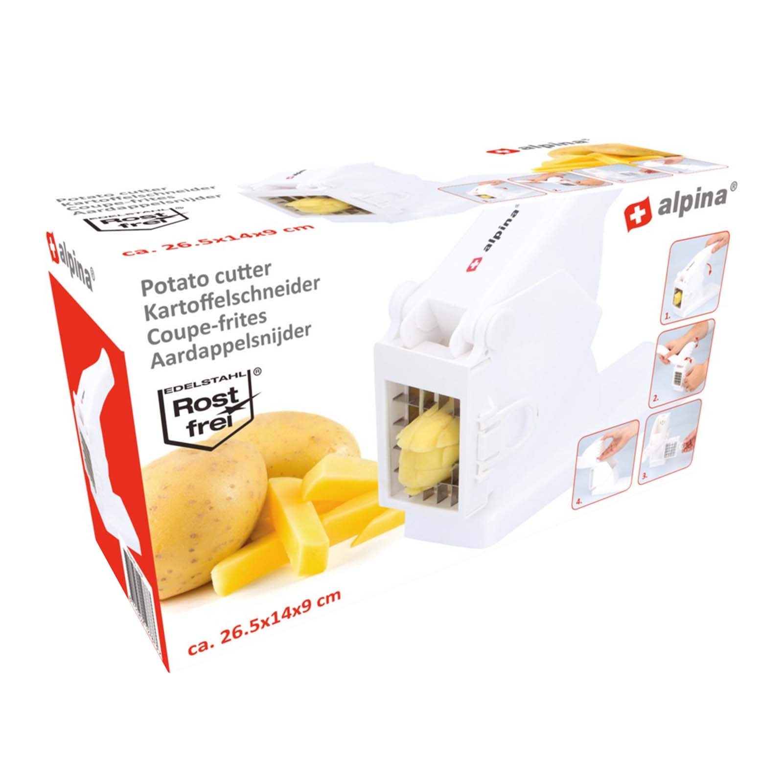 Un taglia patate Alpina bianco con patate e patatine fritte.