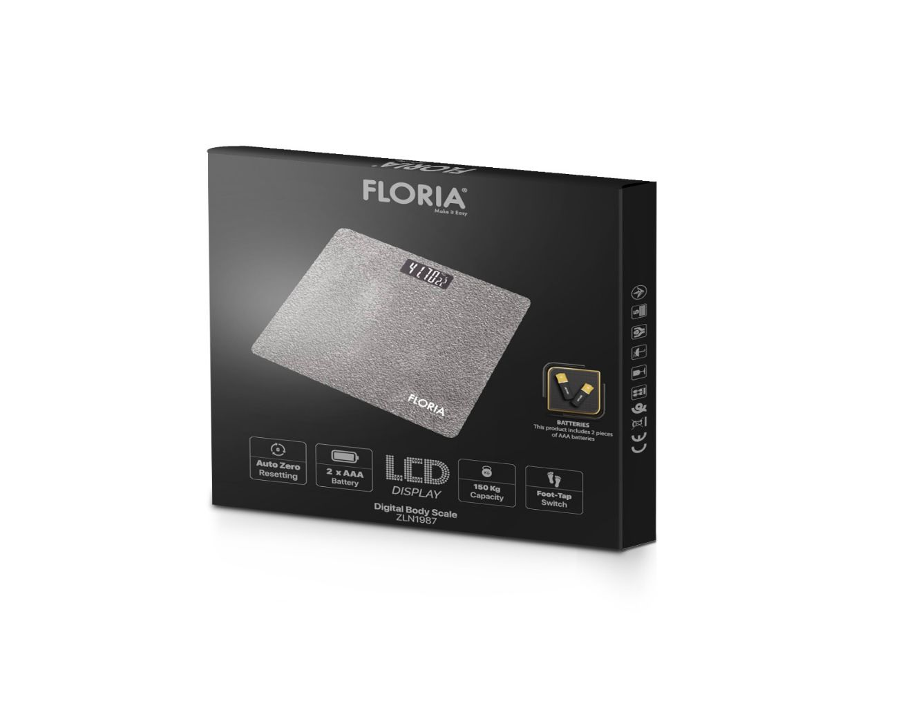 Floria dijital banyo tartısı, LCD ekranlı, 150 kg kapasiteli, AAA pilli.