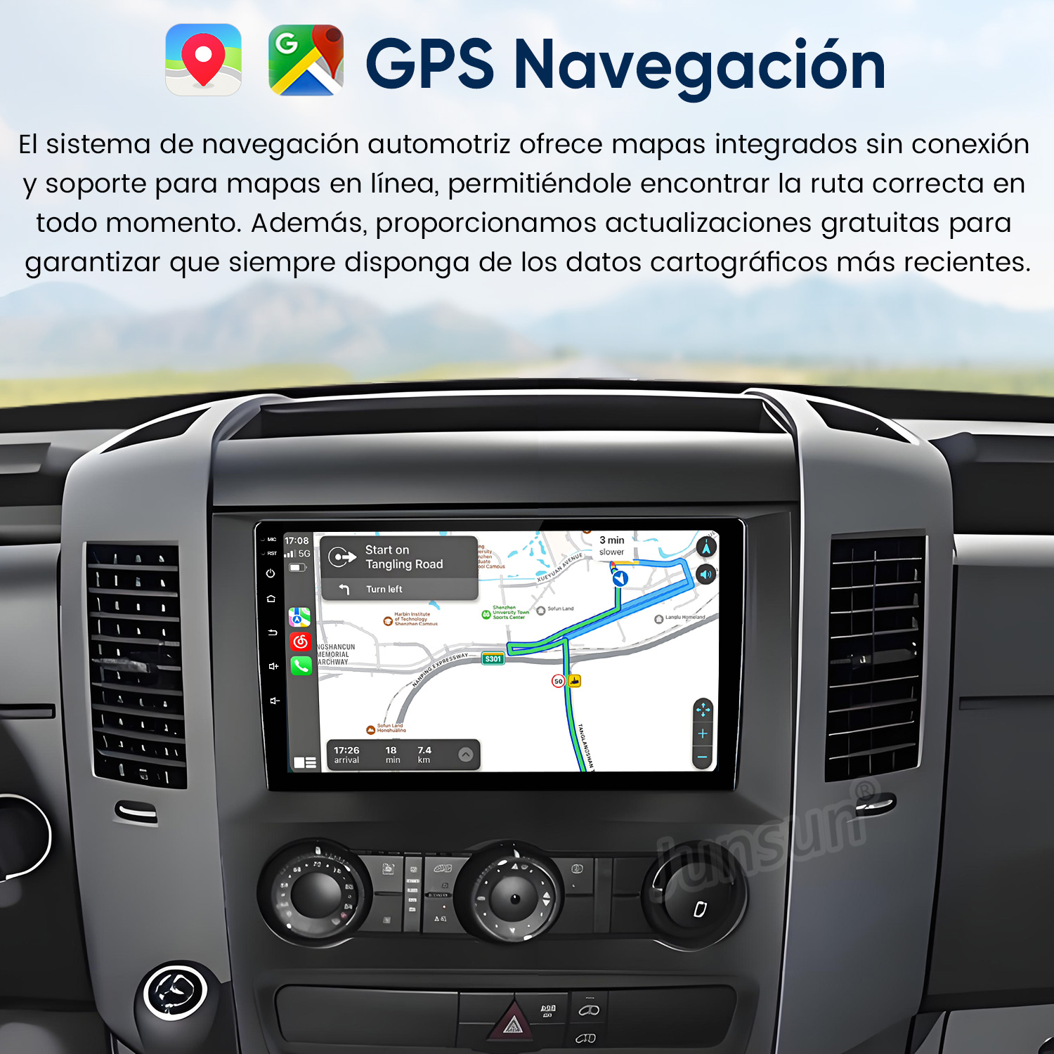 Sistema de navegación de coche mostrando mapa y ruta en pantalla táctil.