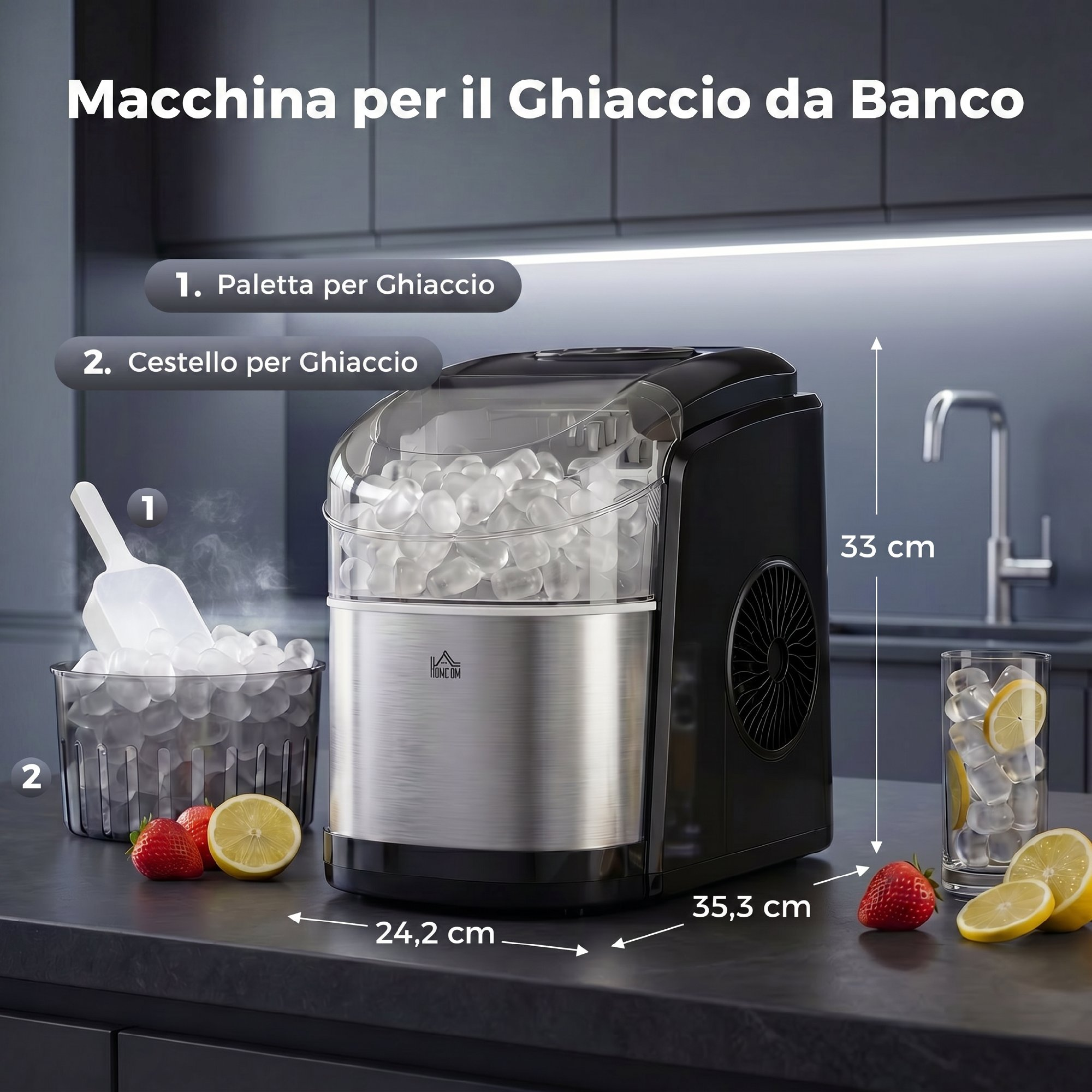Una macchina per il ghiaccio con cubetti, paletta, frutti di bosco e limoni.