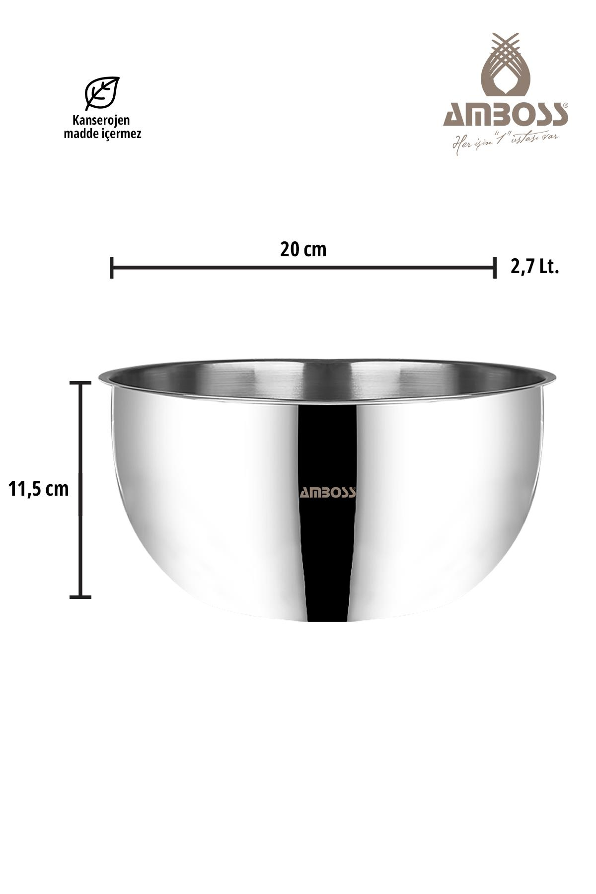 Gümüş renkli, 20cm genişlik, 11,5cm yükseklik ve 2,7L kapasiteli kase.