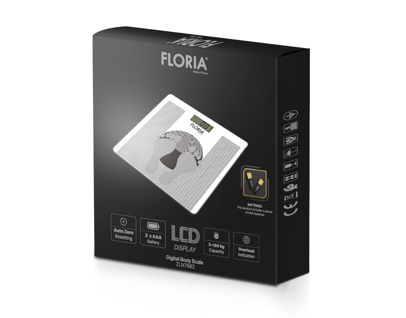 Floria dijital banyo tartısı ambalajı, logo ve ürün özelliklerini içerir.