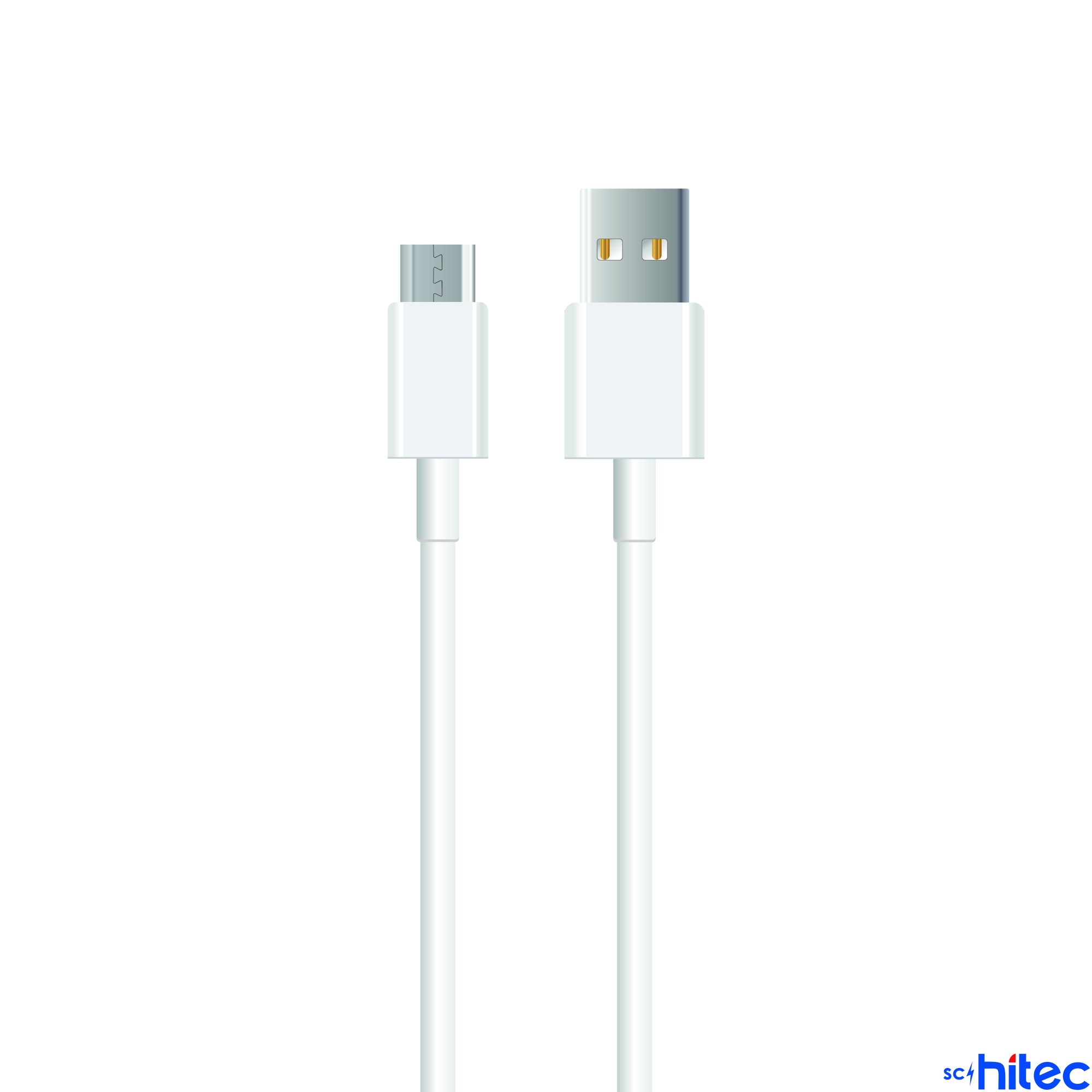 İki beyaz USB kablosu, biri micro-USB, diğeri standart USB-A konektörlü.
