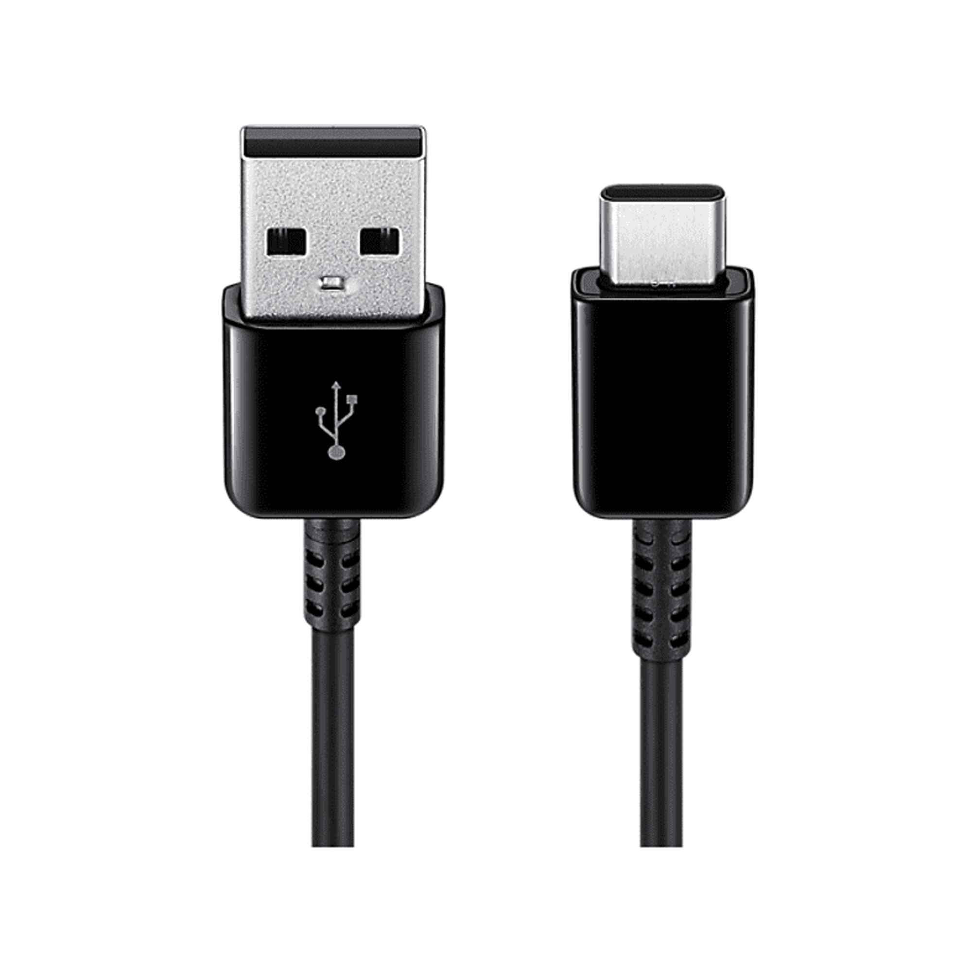 Her iki konektörü de görünen siyah bir USB-A - USB-C kablosu.
