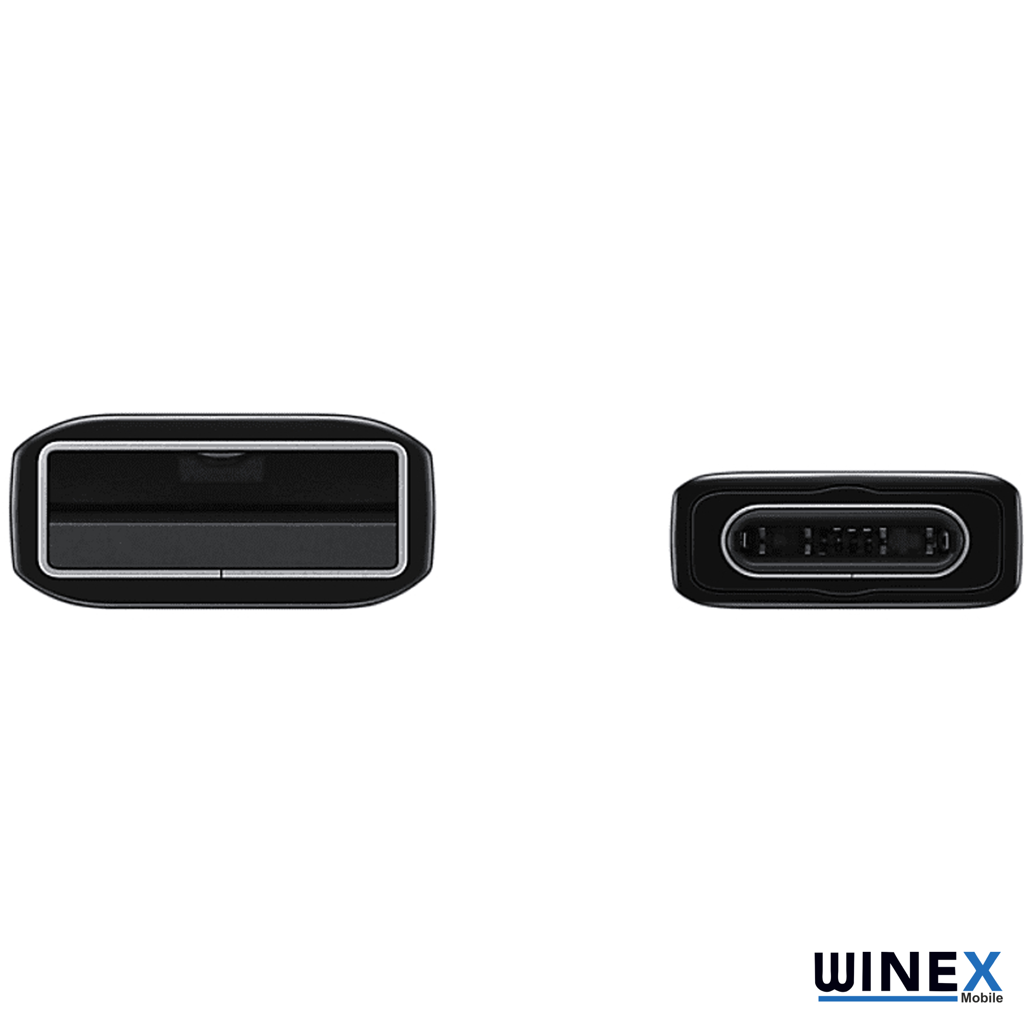 Beyaz arka plan üzerinde yan yana duran iki siyah USB-C ve USB-A konektör.