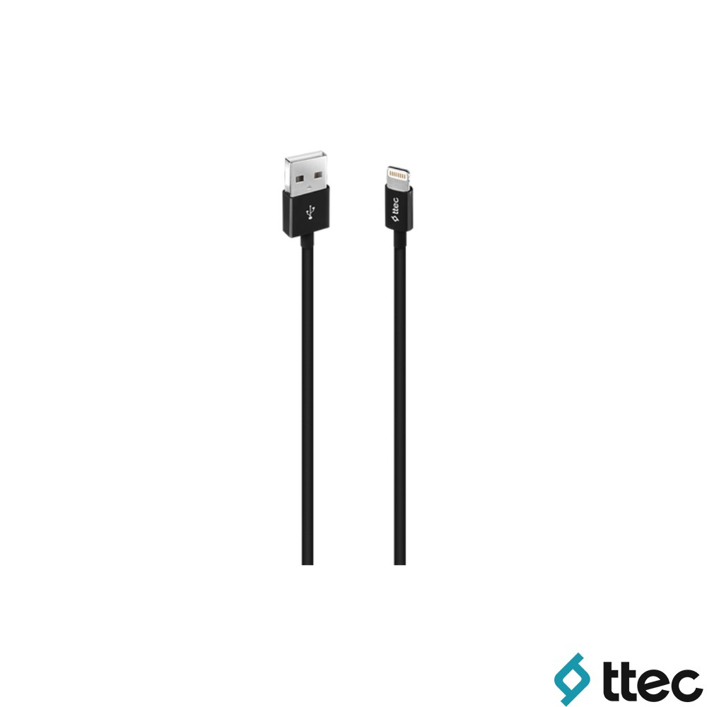 Konnektörlü siyah bir USB - Lightning kablosu.