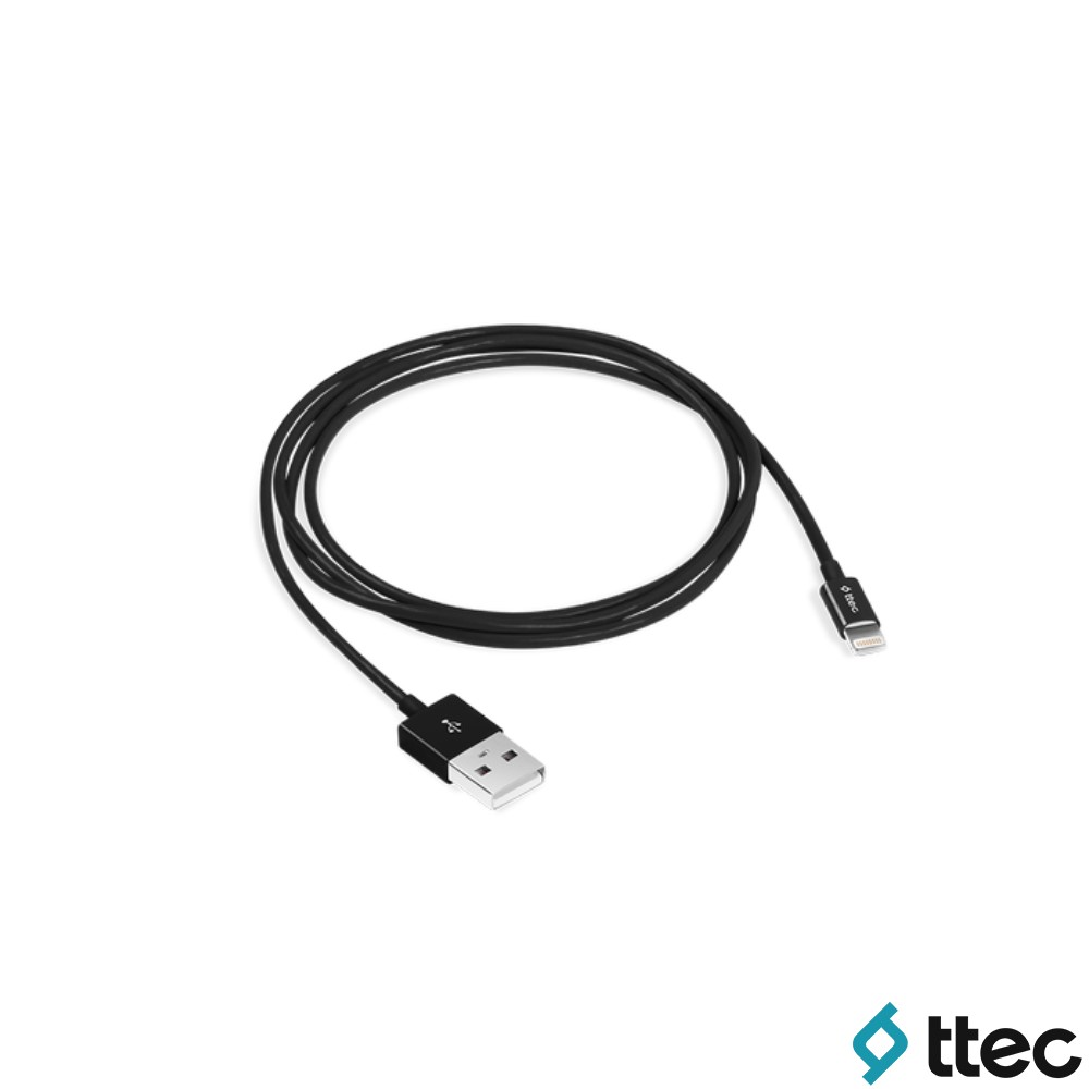 Beyaz arka plan üzerinde siyah USB-A - Lightning kablosu.