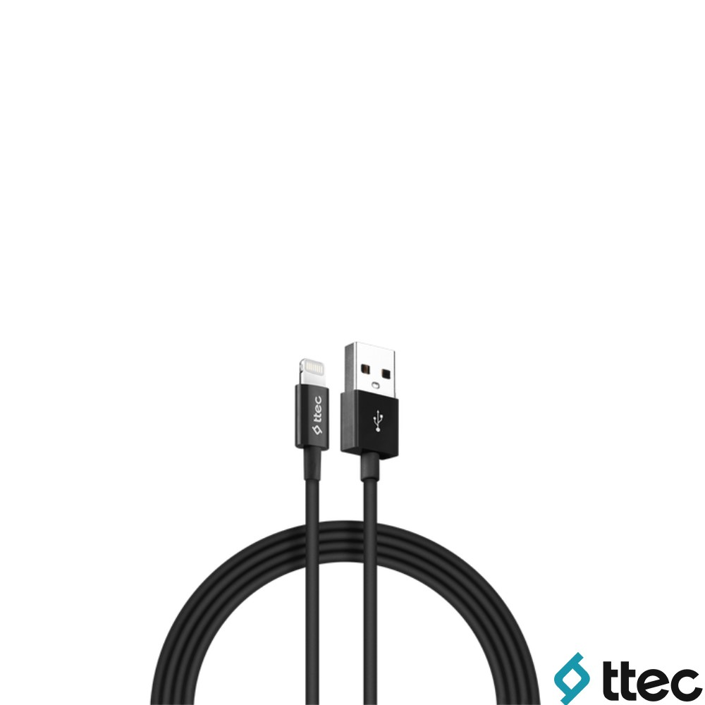 USB-A ve Lightning konektörlü siyah şarj kablosu.