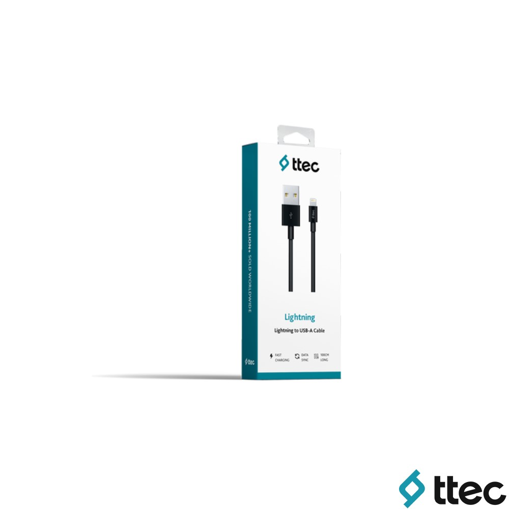 Ttec siyah Lightning - USB-A kablosu yazılı kutu ambalajında.