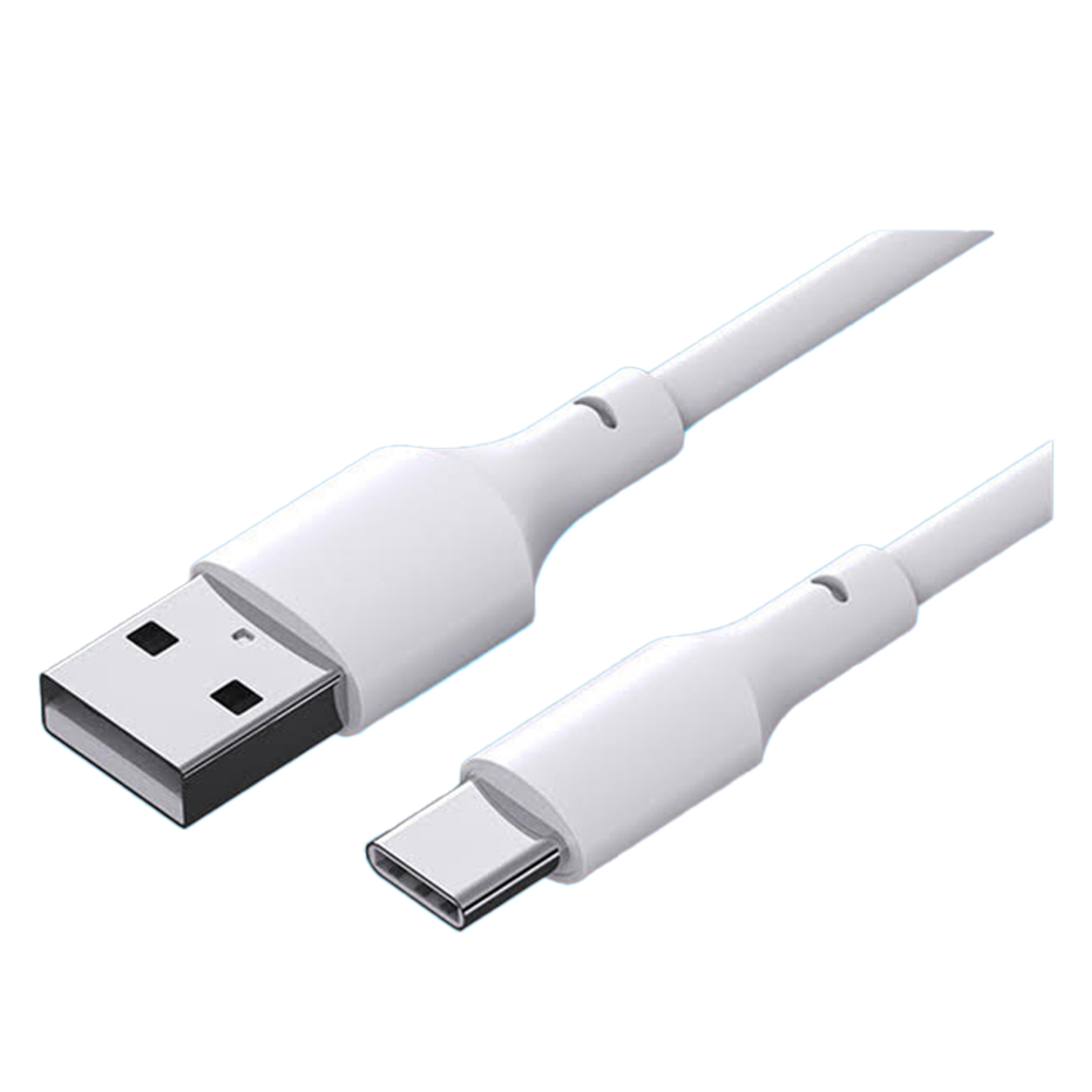 Beyaz arka plan üzerinde beyaz USB-A - USB-C kablosu.