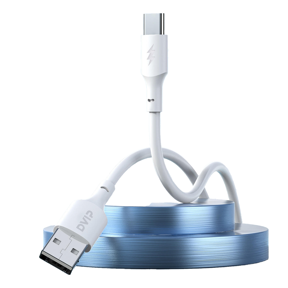 Mavi stant üzerinde şimşek sembollü beyaz USB-C kablosu