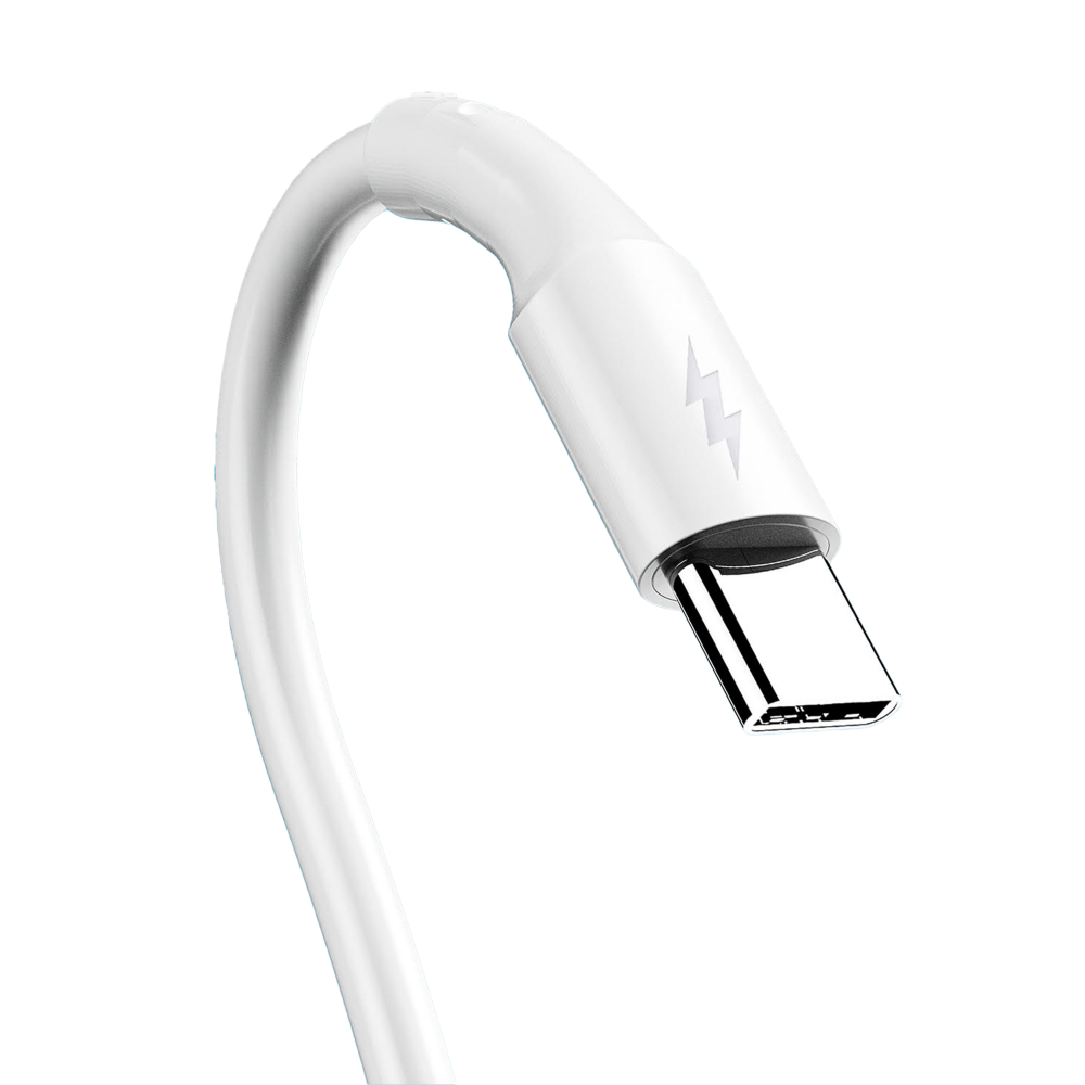 Flaş simgeli ve parlak konektörlü beyaz USB-C kablosu.
