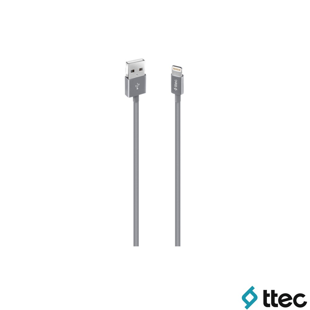 Beyaz arka plan üzerinde her iki ucu da görünen gri USB - Lightning kablosu.