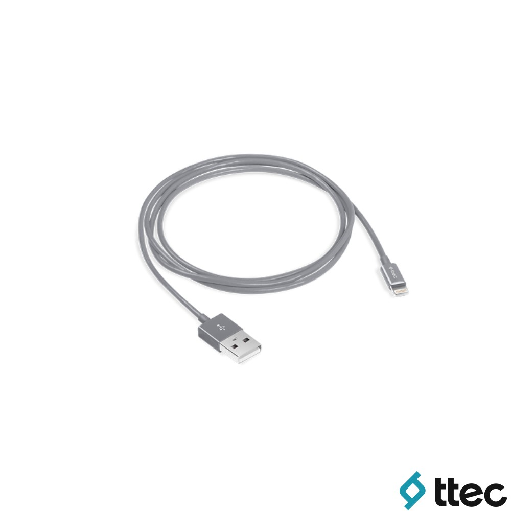 Gri USB - Lightning kablosu, sarılı.