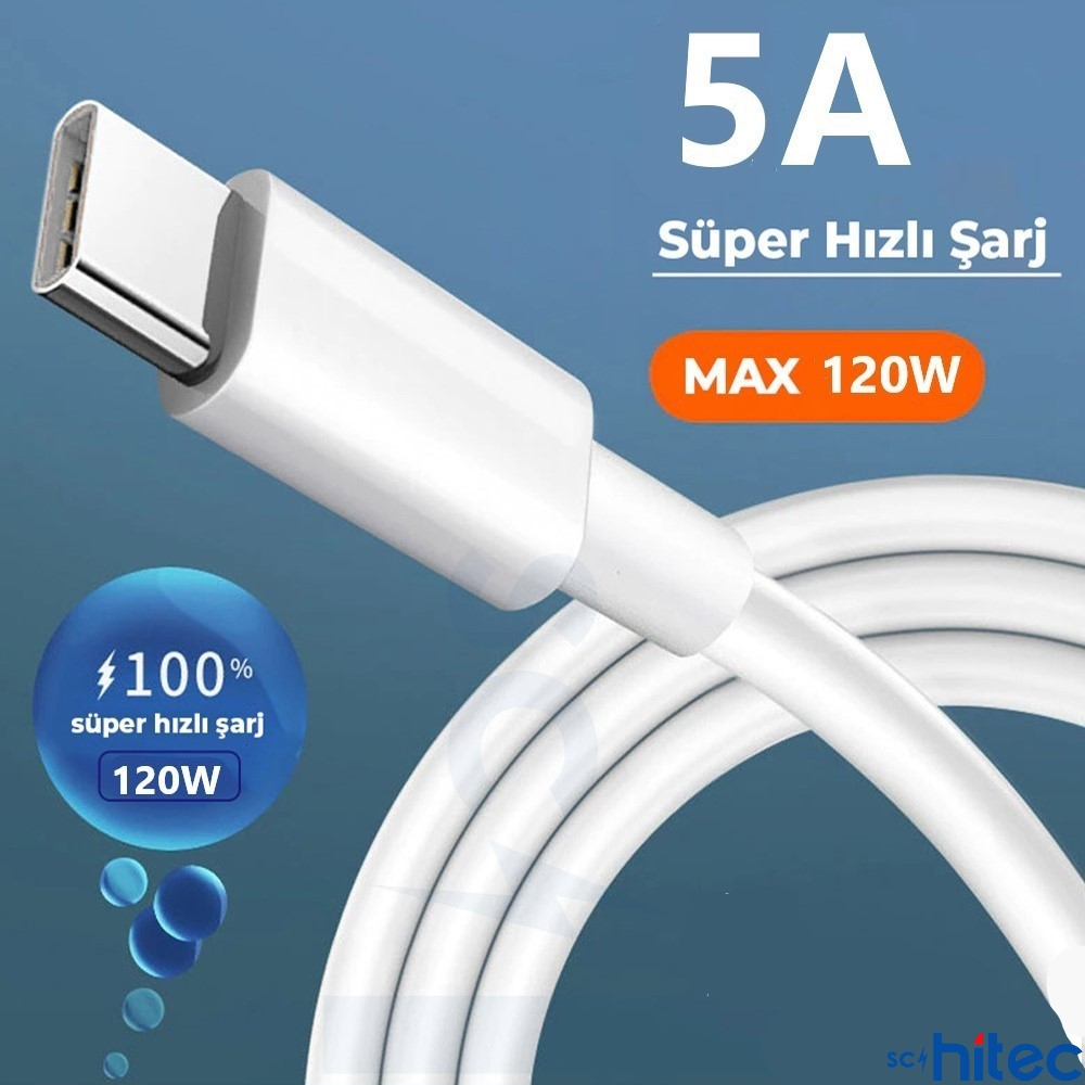 120W'a kadar hızlı şarj için beyaz USB-C kablosu.