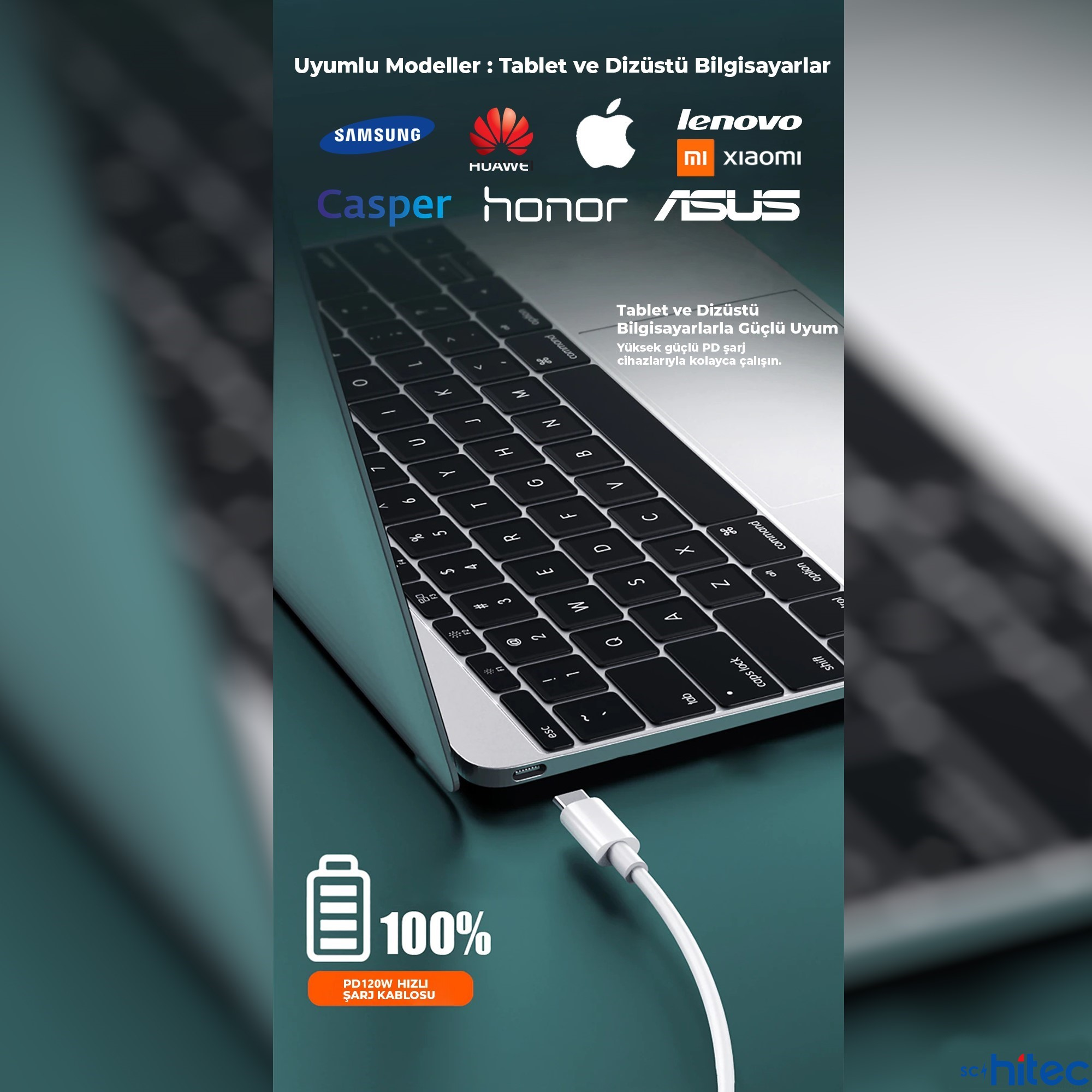 Laptop, %100 şarj olan USB-C kablosuyla. Üstte marka logoları.