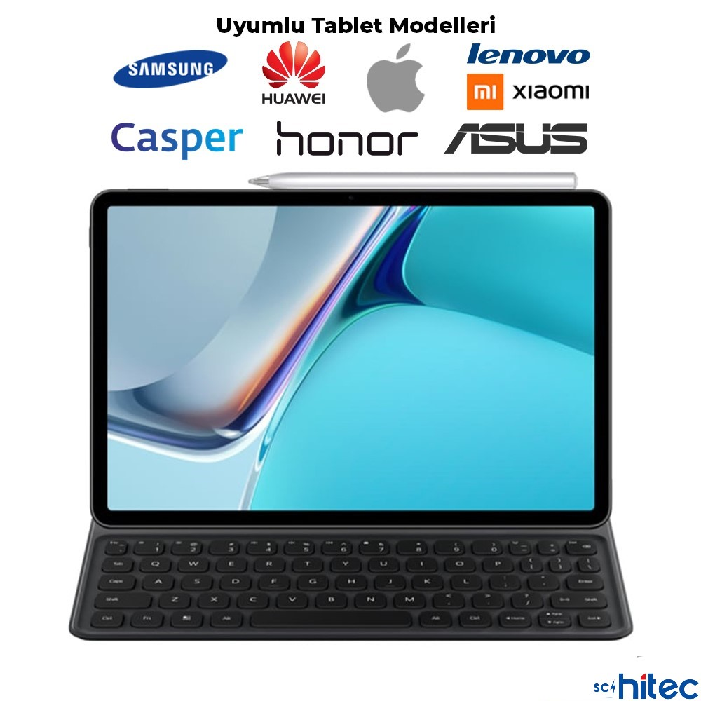 Klavyele tablet, logolar: Samsung, Huawei, Apple, Lenovo, Xiaomi, Casper, Honor, Asus.