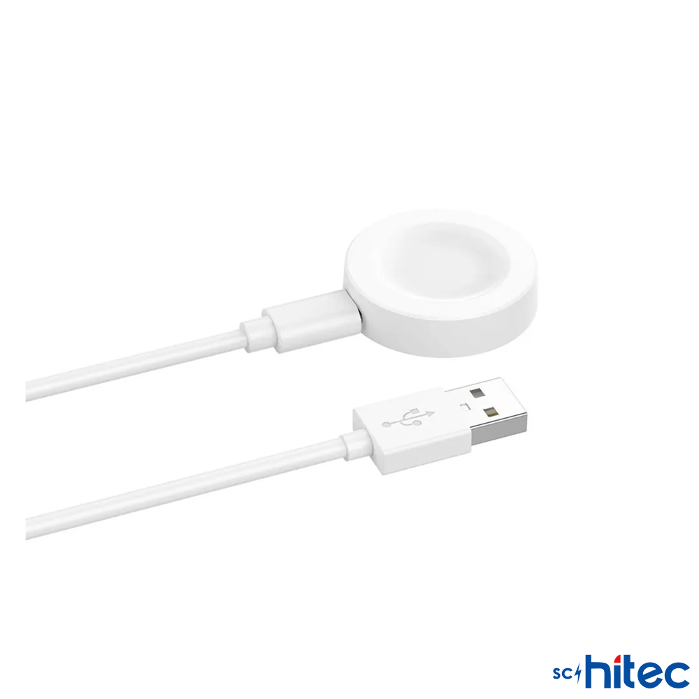 Yuvarlak manyetik saat şarj cihazı ve USB-A konektörlü beyaz USB şarj kablosu.