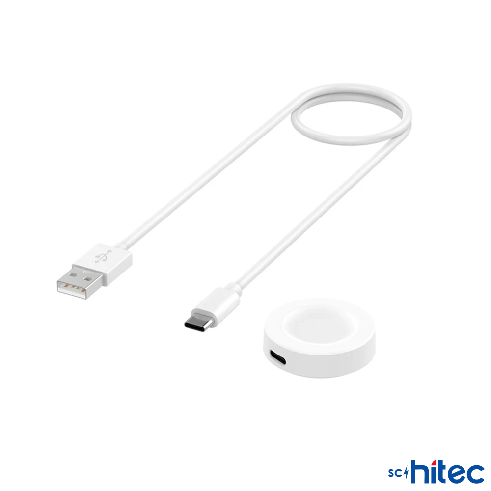 USB-A konektörlü beyaz USB-C kablo ve yuvarlak beyaz kablosuz şarj cihazı.