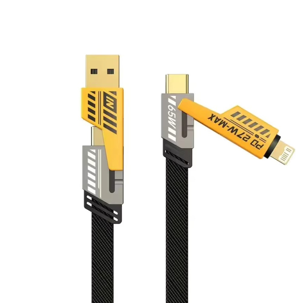 Sarı vurgulara ve etiketlere sahip iki siyah USB-C - Lightning kablosu.