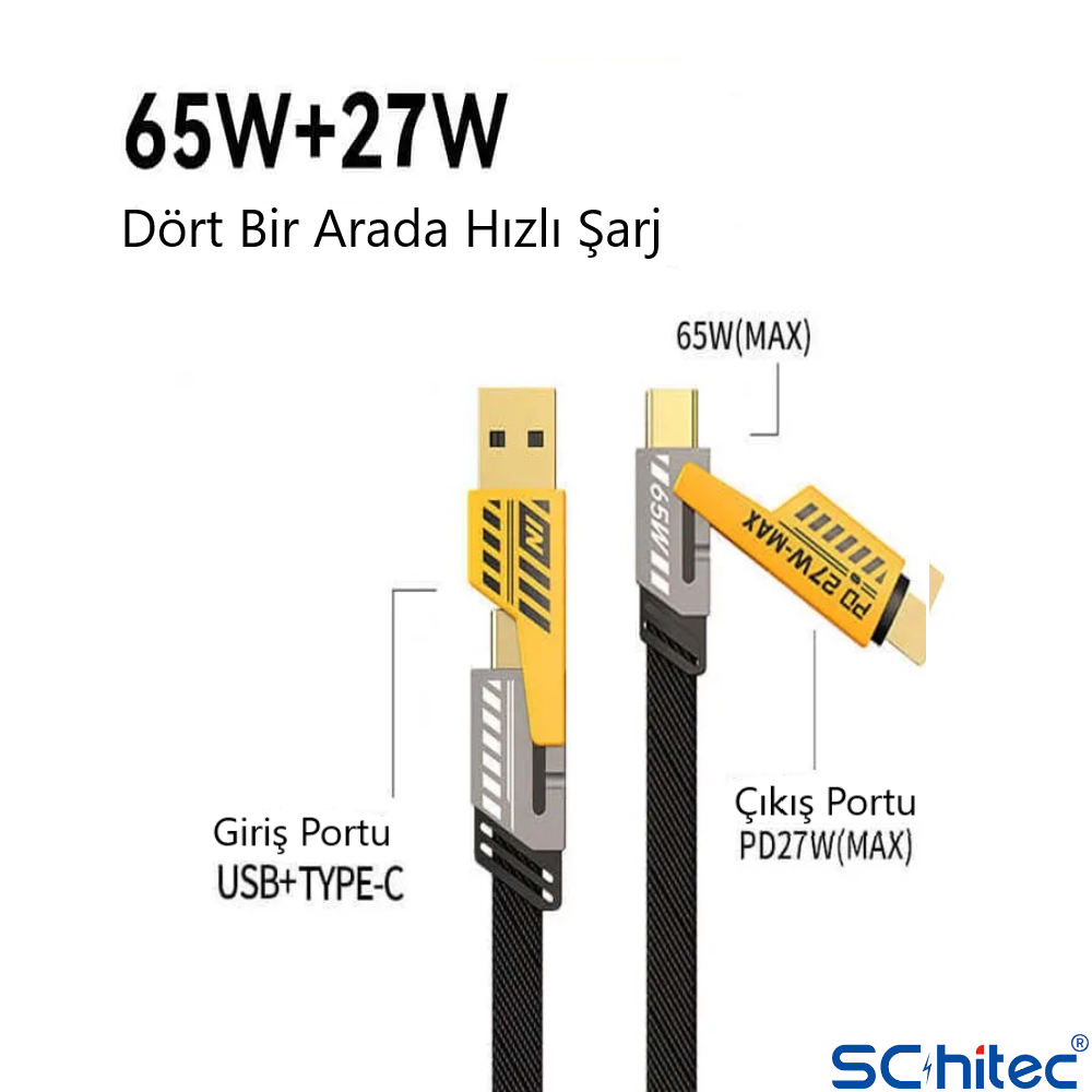 SCHITEC 65W/PD27W 4'ü 1 Arada USB-A to Lightining-Type-C/Type-C to Lightining-Type-C Turbo Şarj ve Data Kablosu Siyah