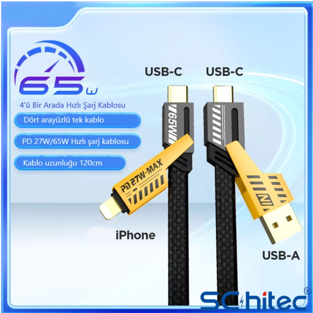 iPhone ve USB-A konnektörlü iki adet USB-C şarj kablosu, 65W.
