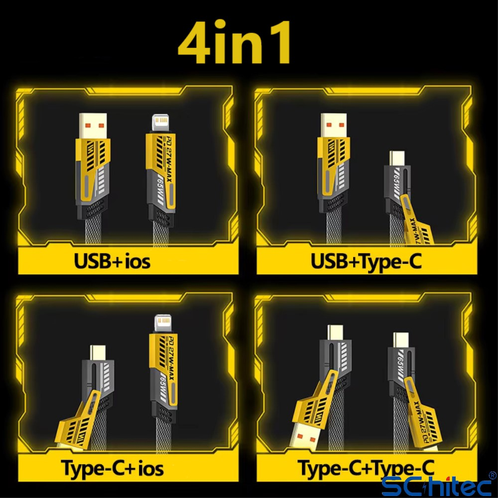 Dört şarj kablosu kombinasyonu: USB - iOS, USB - Type-C, Type-C - iOS, Type-C - Type-C.