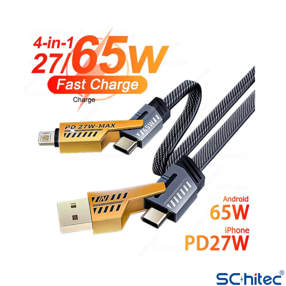 27/65W hızlı şarjlı, USB-A ve Type-C konektörlü 4'ü 1 arada şarj kablosu.