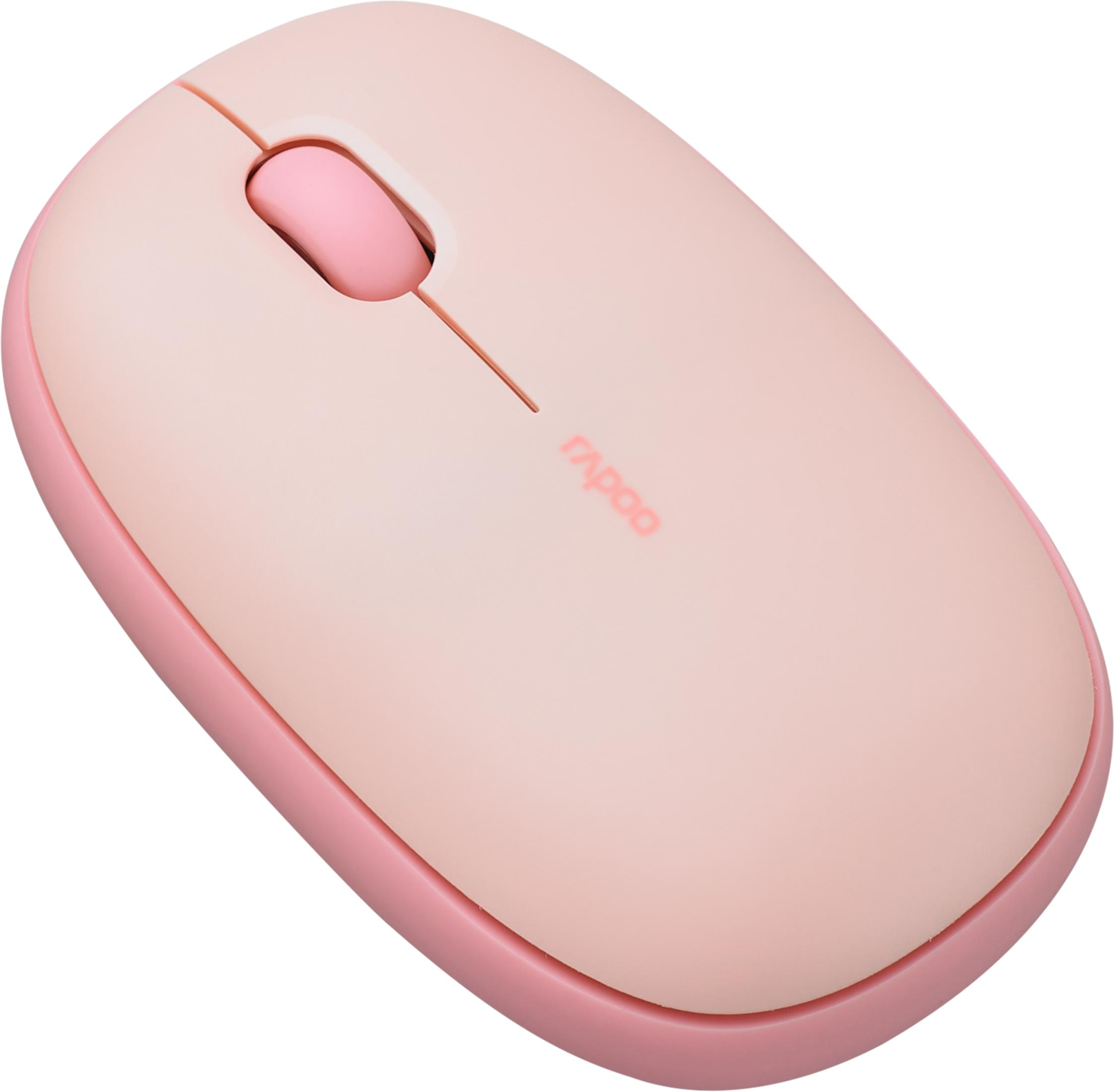 Un mouse wireless rosa chiaro con rotellina di scorrimento e logo Rapoo.