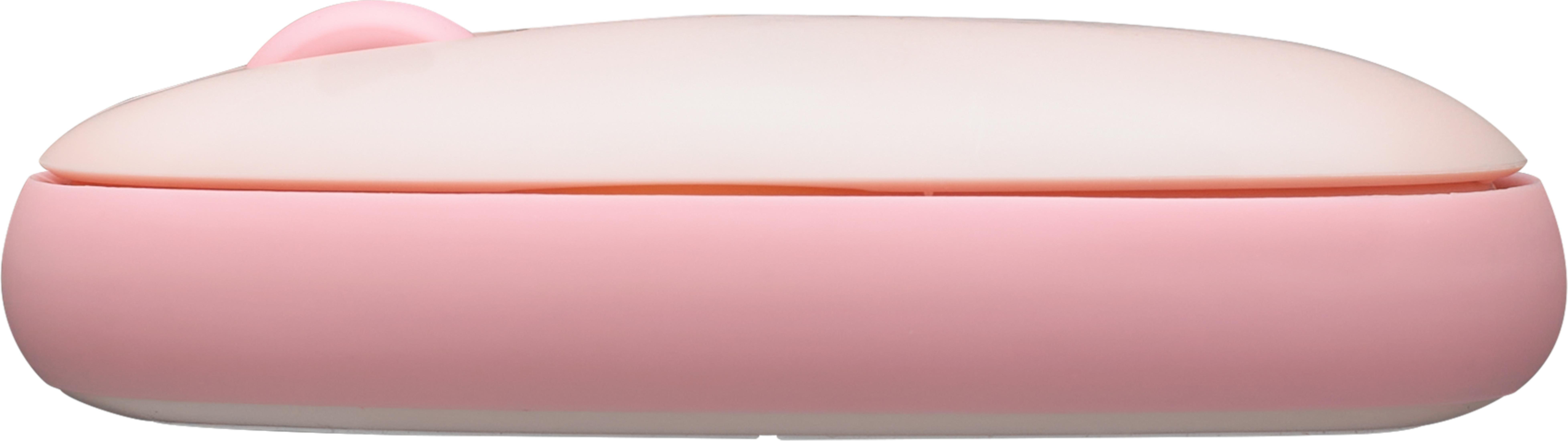 Un topo rosa e bianco con un orecchio rosa. Il topo ha un corpo arrotondato.