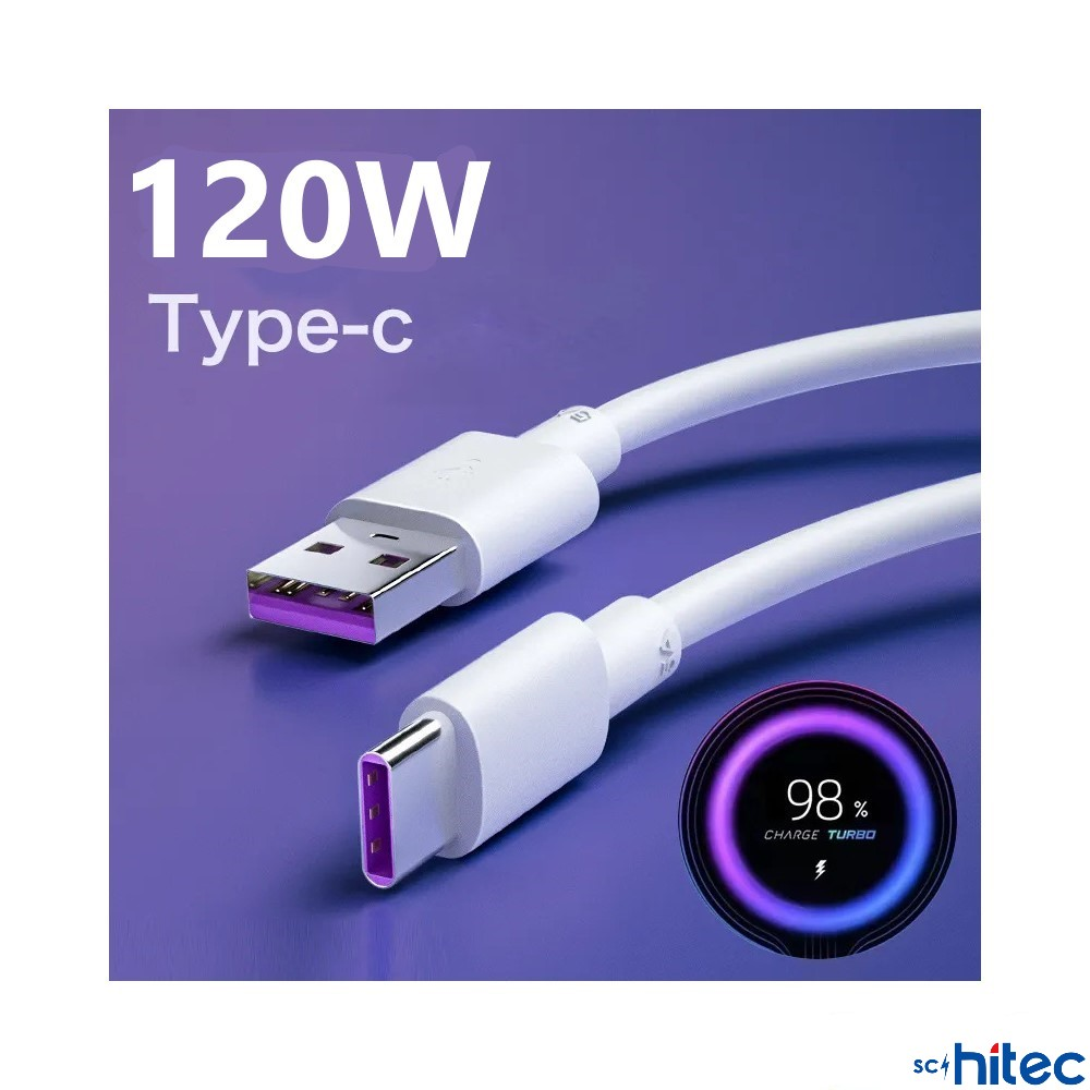 Mor arka plan üzerinde 120W şarj göstergeli beyaz USB-C - USB-A kablosu.
