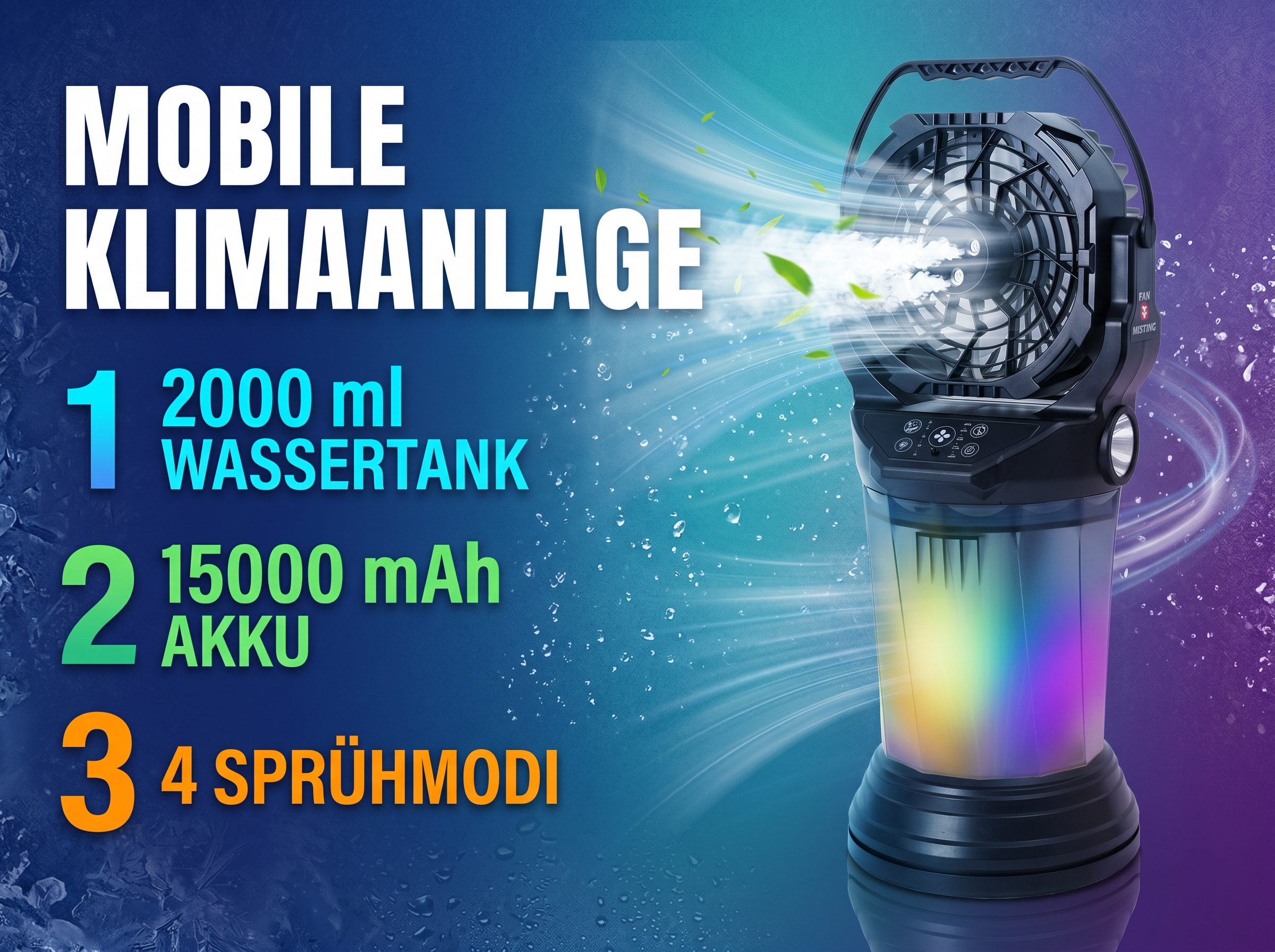 Ein tragbares Klimagerät mit 2000ml Wassertank, 15000 mAh Akku und 4 Sprühmodi.