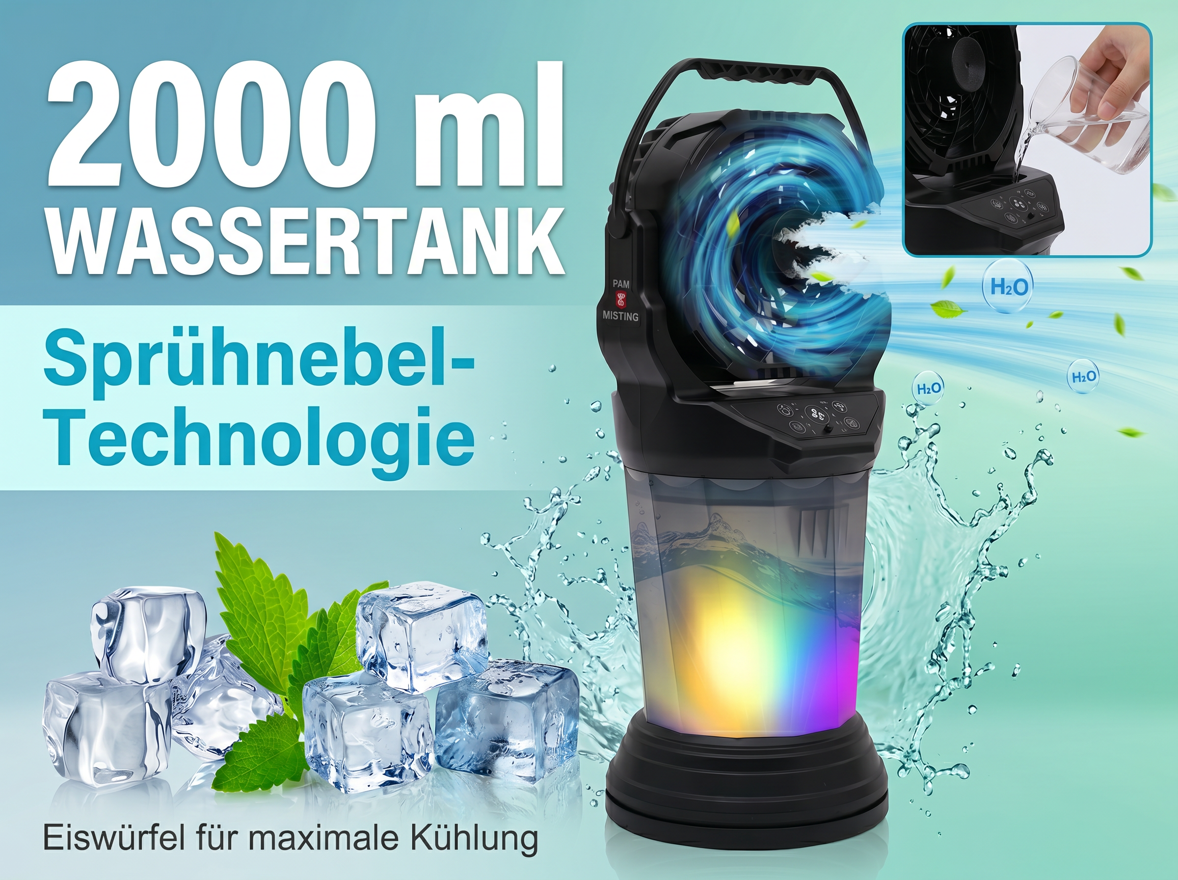 Ein Ventilator mit Sprühnebel-Technologie und 2000ml Wassertank, Eiswürfel.