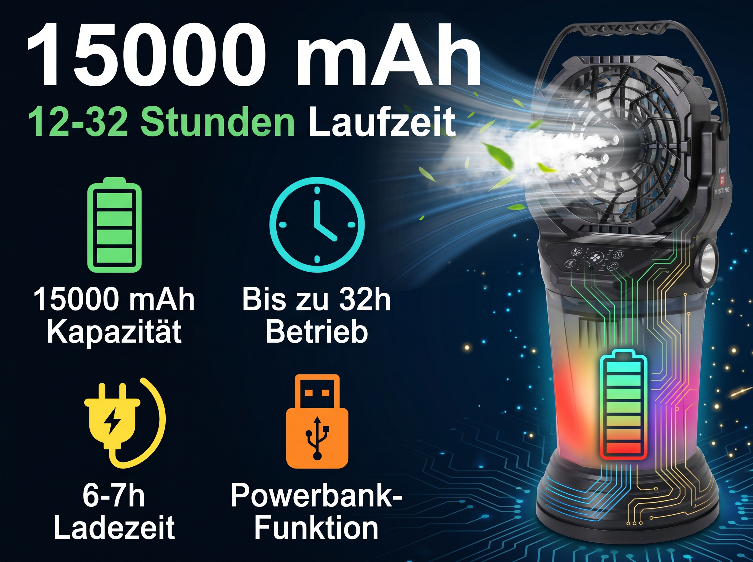 Ein tragbarer Lüfter mit 15000 mAh Kapazität, 12-32h Laufzeit, Ladezeit 6-7h.