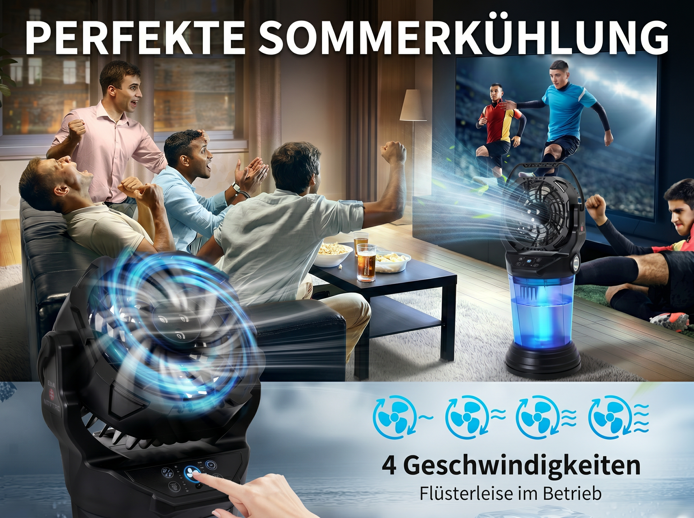 Männer schauen Fußball und jubeln. Ein Ventilator steht im Vordergrund.