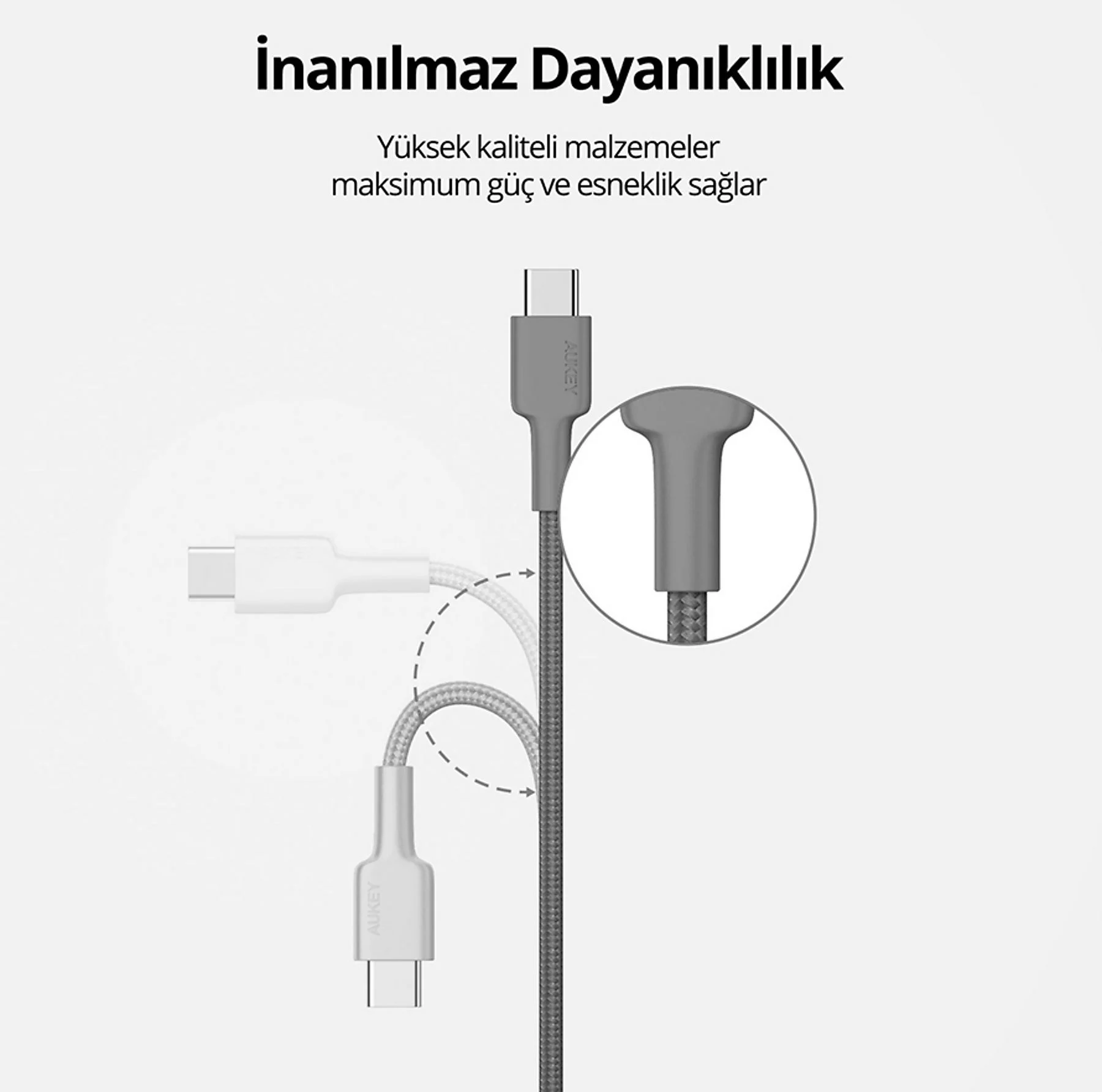 İki farklı konektörlü gri USB-C kablosu ve yakın çekim.