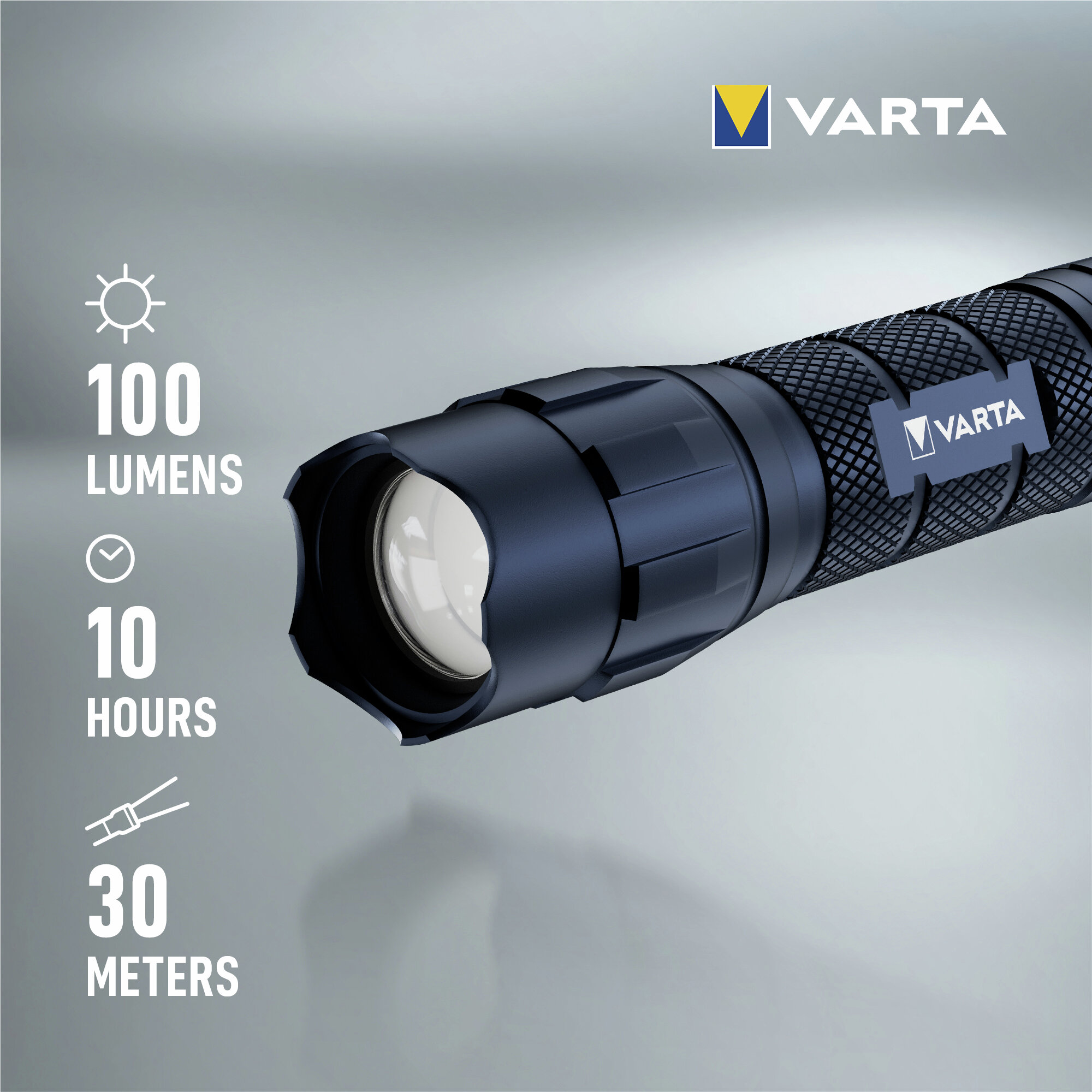 Varta Taschenlampe: 100 Lumen, 10 Std. Laufzeit, 30m Reichweite.