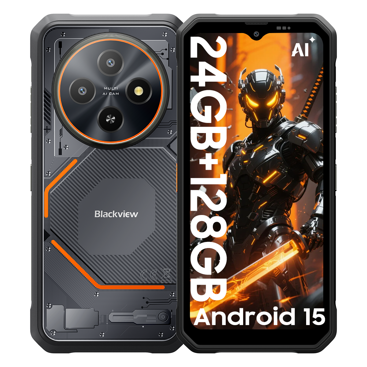 Schwarzes Smartphone mit orangen Akzenten und KI-Roboter-Hintergrund.