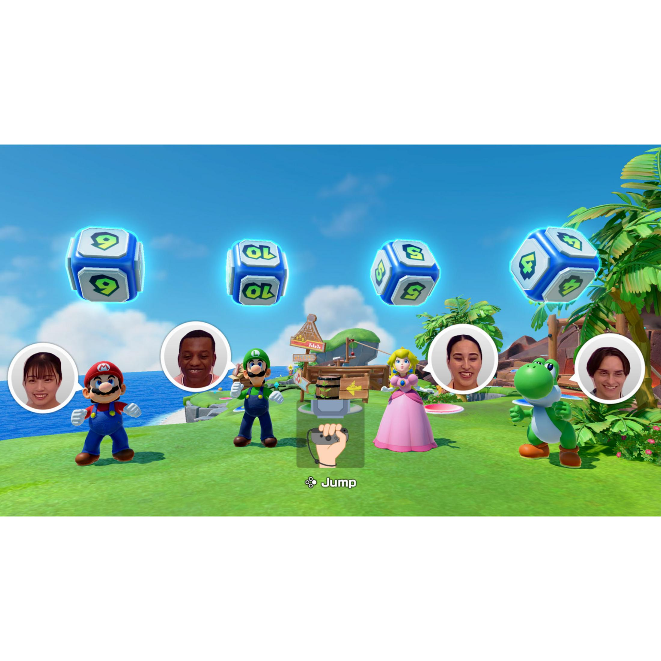 Mario, Luigi, Peach e Yoshi su prato verde. Dadi fluttuano nell'aria.