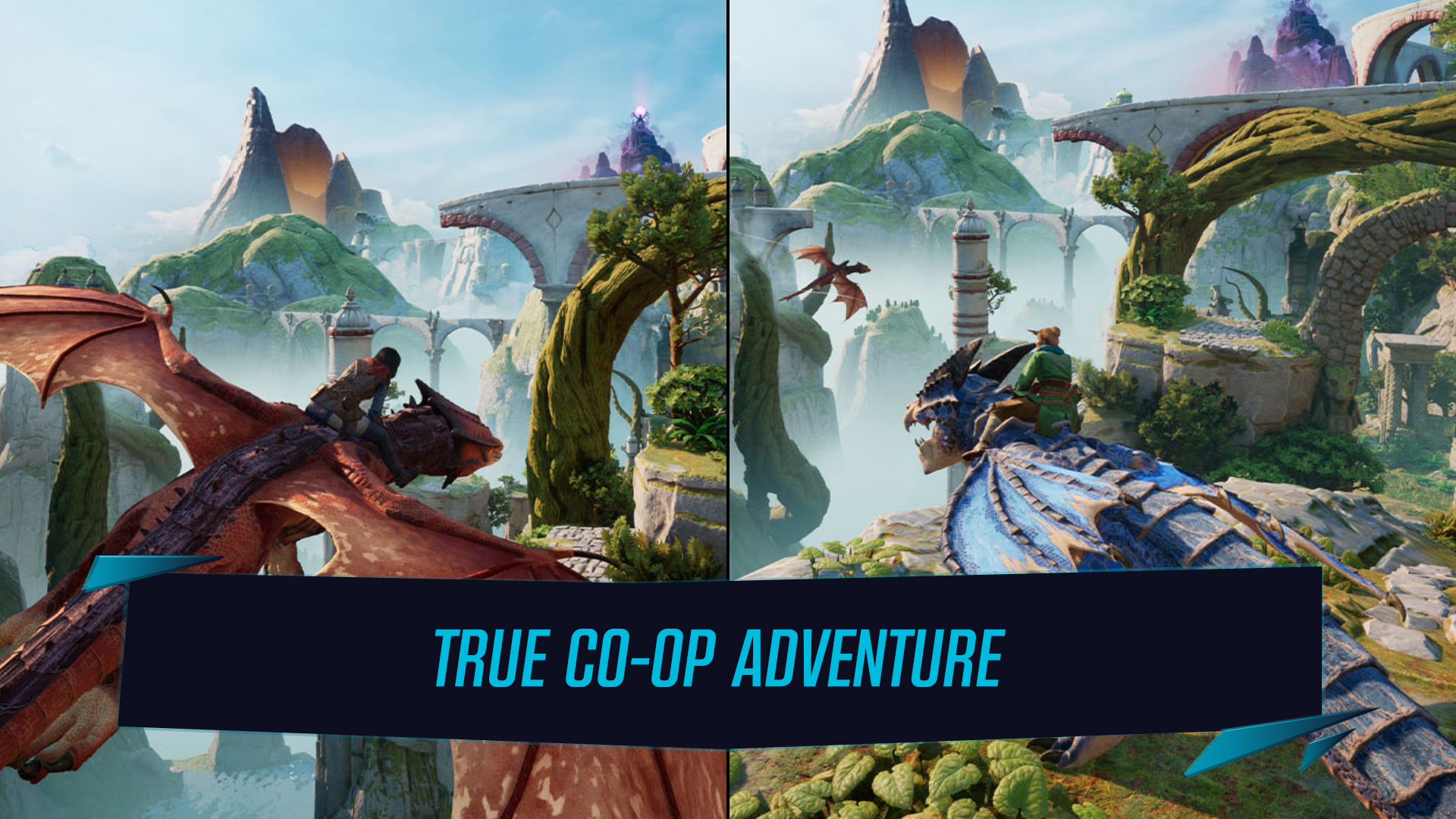 Dwóch jeźdźców na smokach leci obok ruin i gór. Tekst: TRUE CO-OP ADVENTURE.