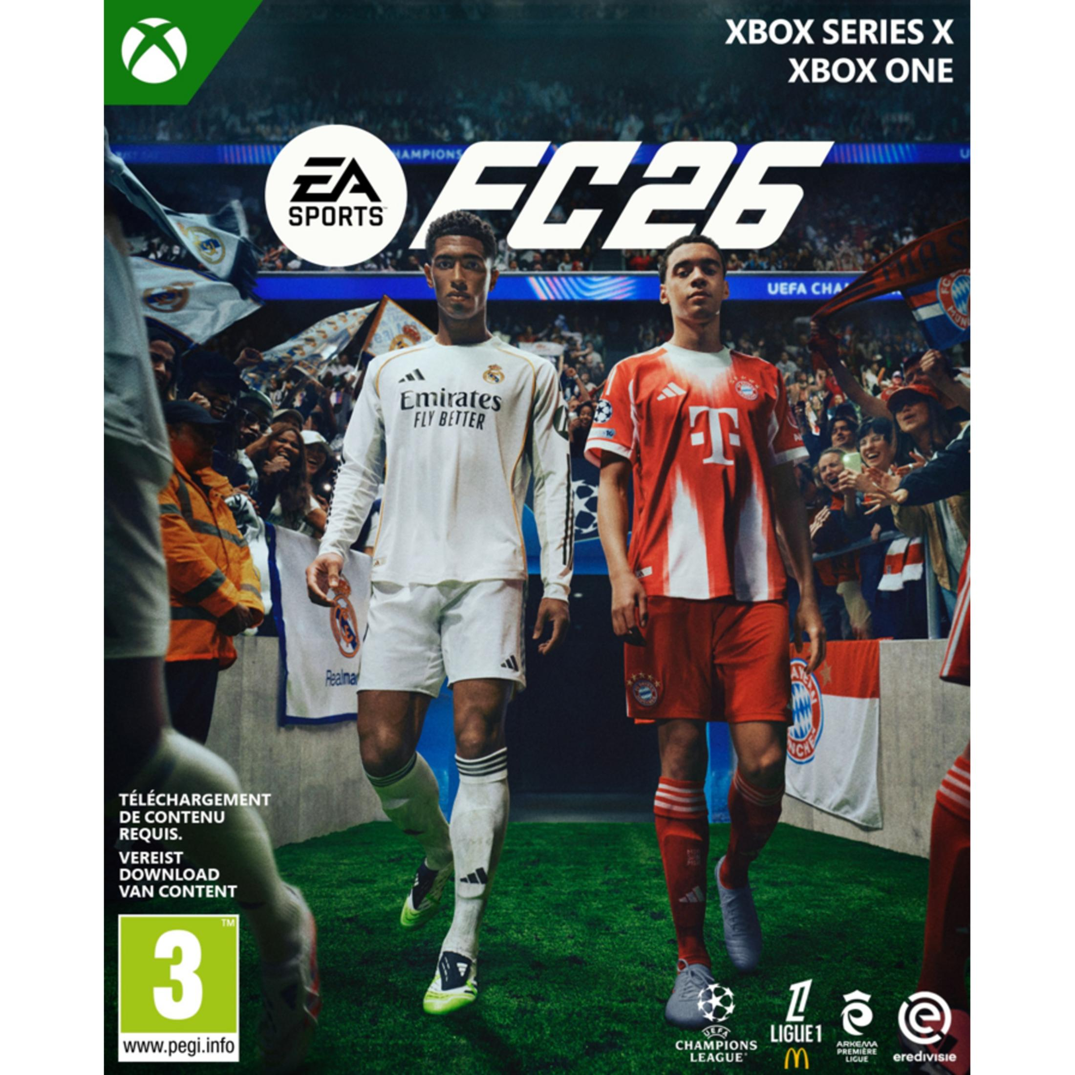 Okładka EA Sports FC 26: Dwóch piłkarzy w strojach, kibice w tle, logo Xbox.