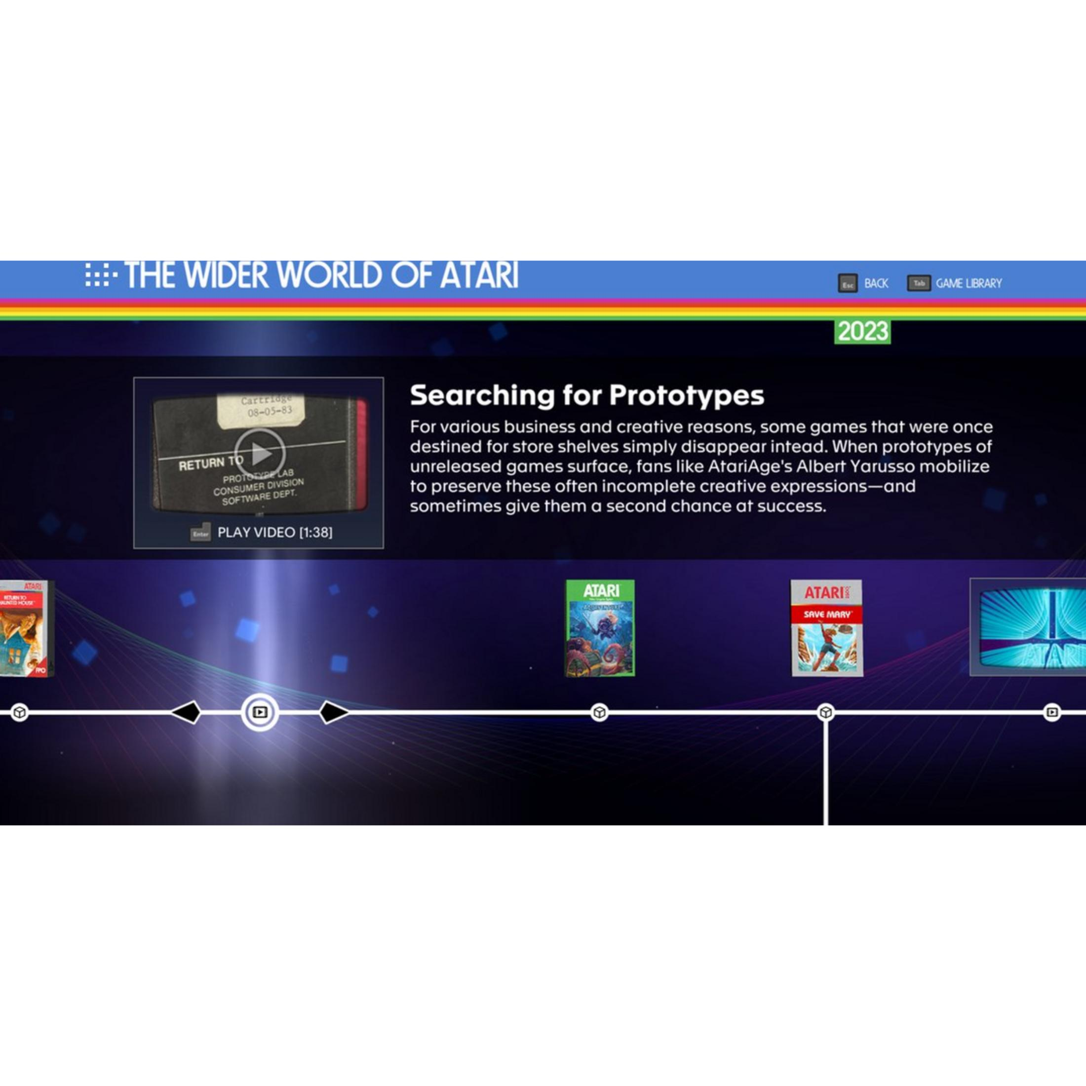 Interfejs gry wideo Atari pokazujący tytuły i kasetę prototypową.