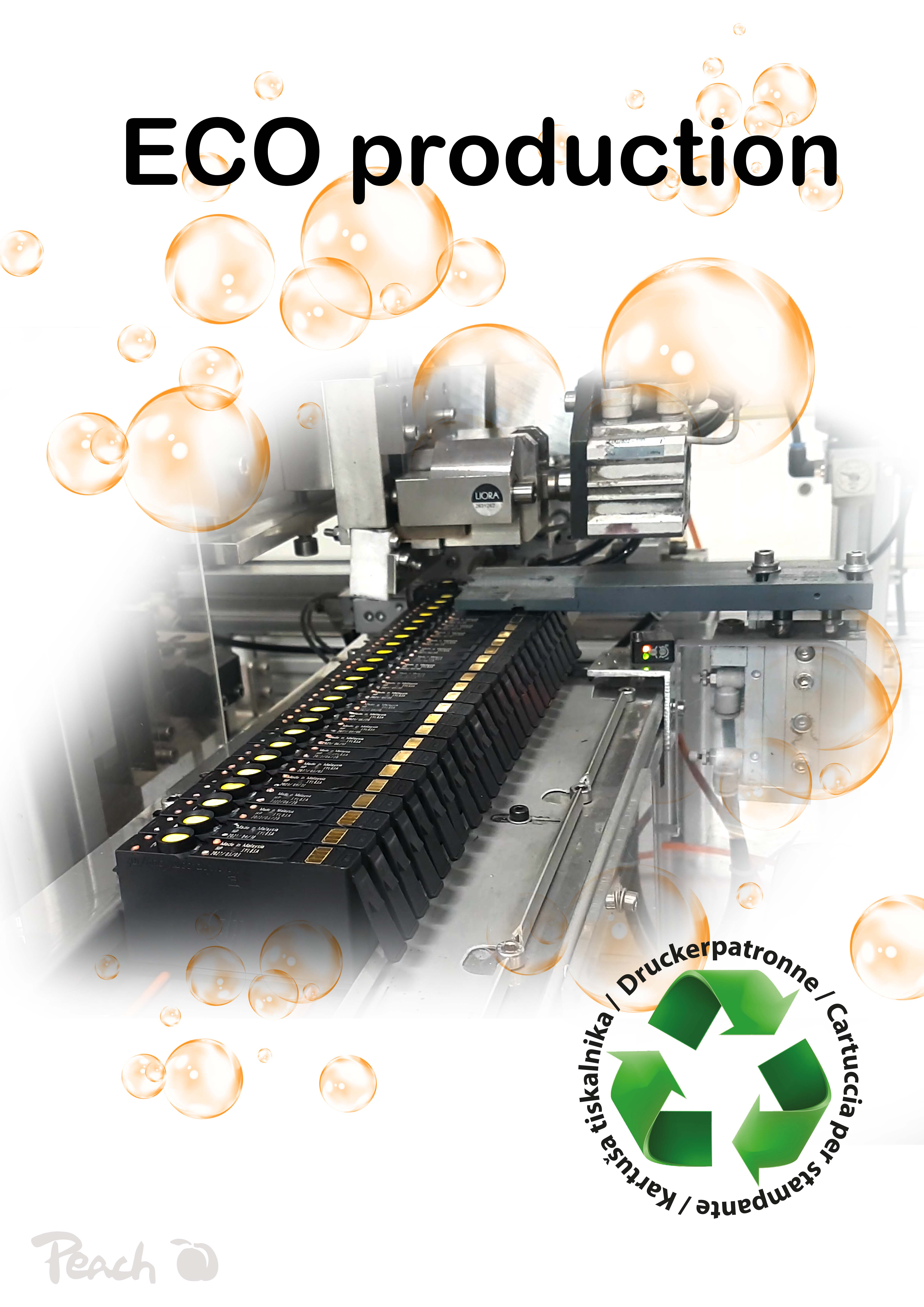 Linia produkcyjna z wkładami atramentowymi, pomarańczowymi bąbelkami i symbolem recyklingu.