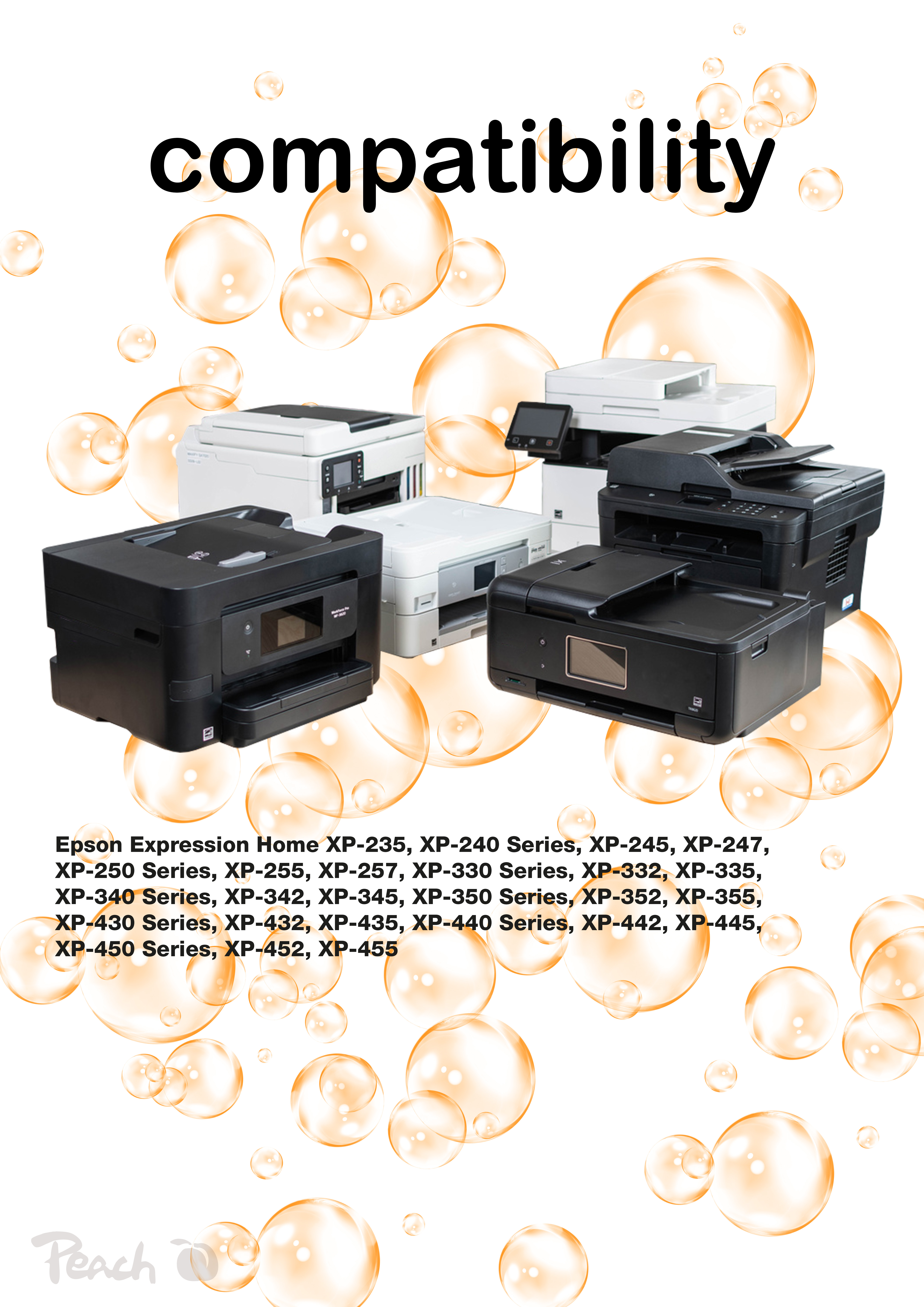 Mehrere Epson Drucker Modelle mit dem Wort Kompatibilität und Blasen.