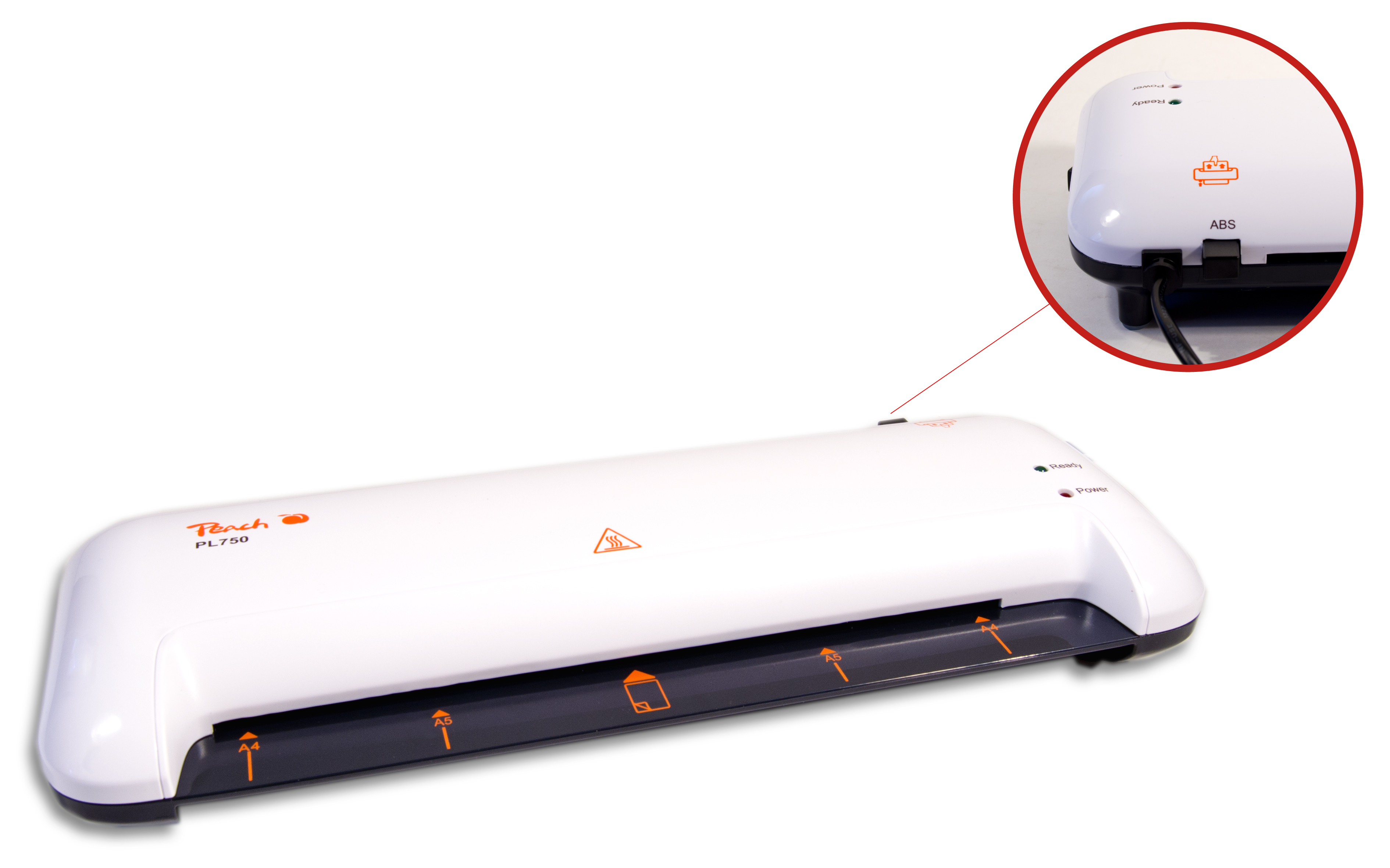 Ein weißer Laminator mit orangefarbenen Markierungen und Kontrollleuchten.
