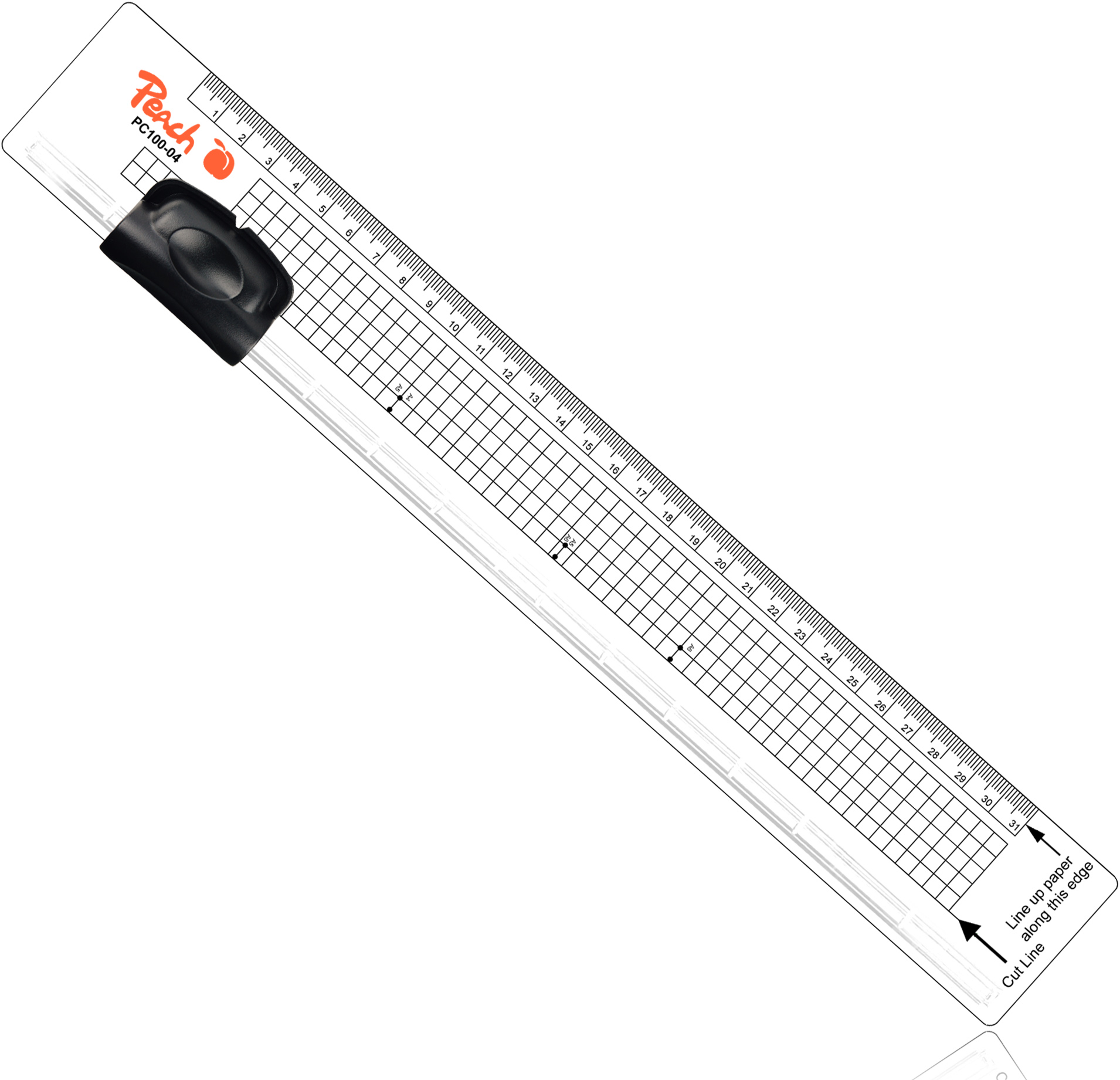 Ein transparenter Papierschneider mit schwarzen Griff und Markierungen.