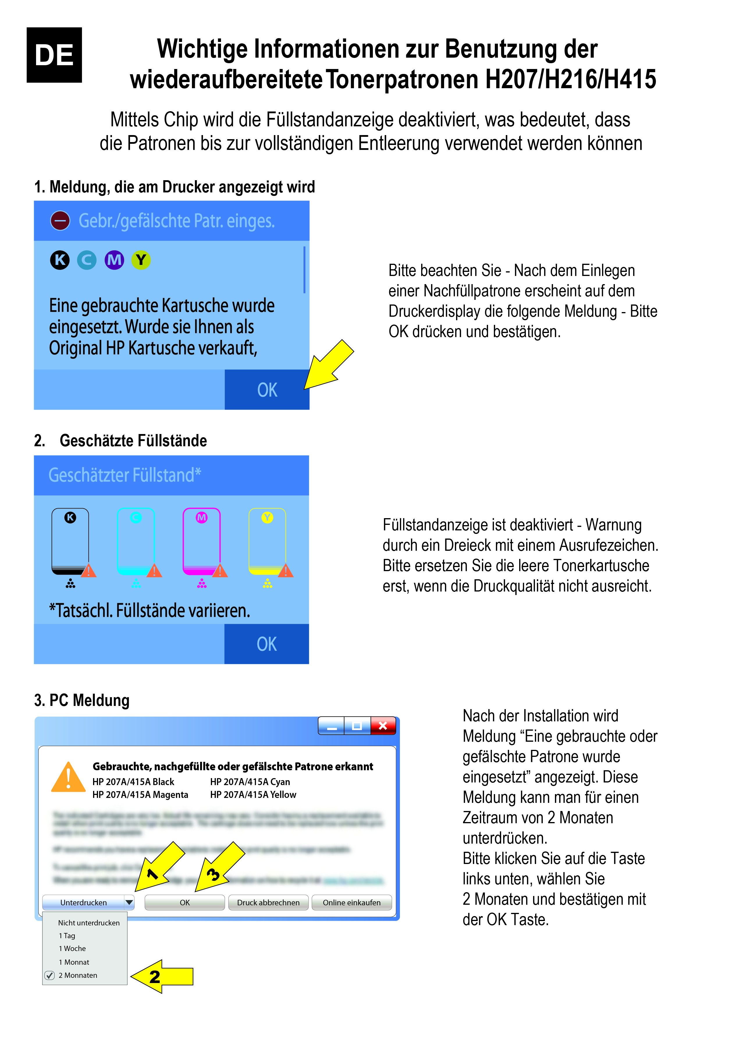 Tre esempi di avvisi della stampante: cartuccia usata, livelli di riempimento e messaggi del PC.