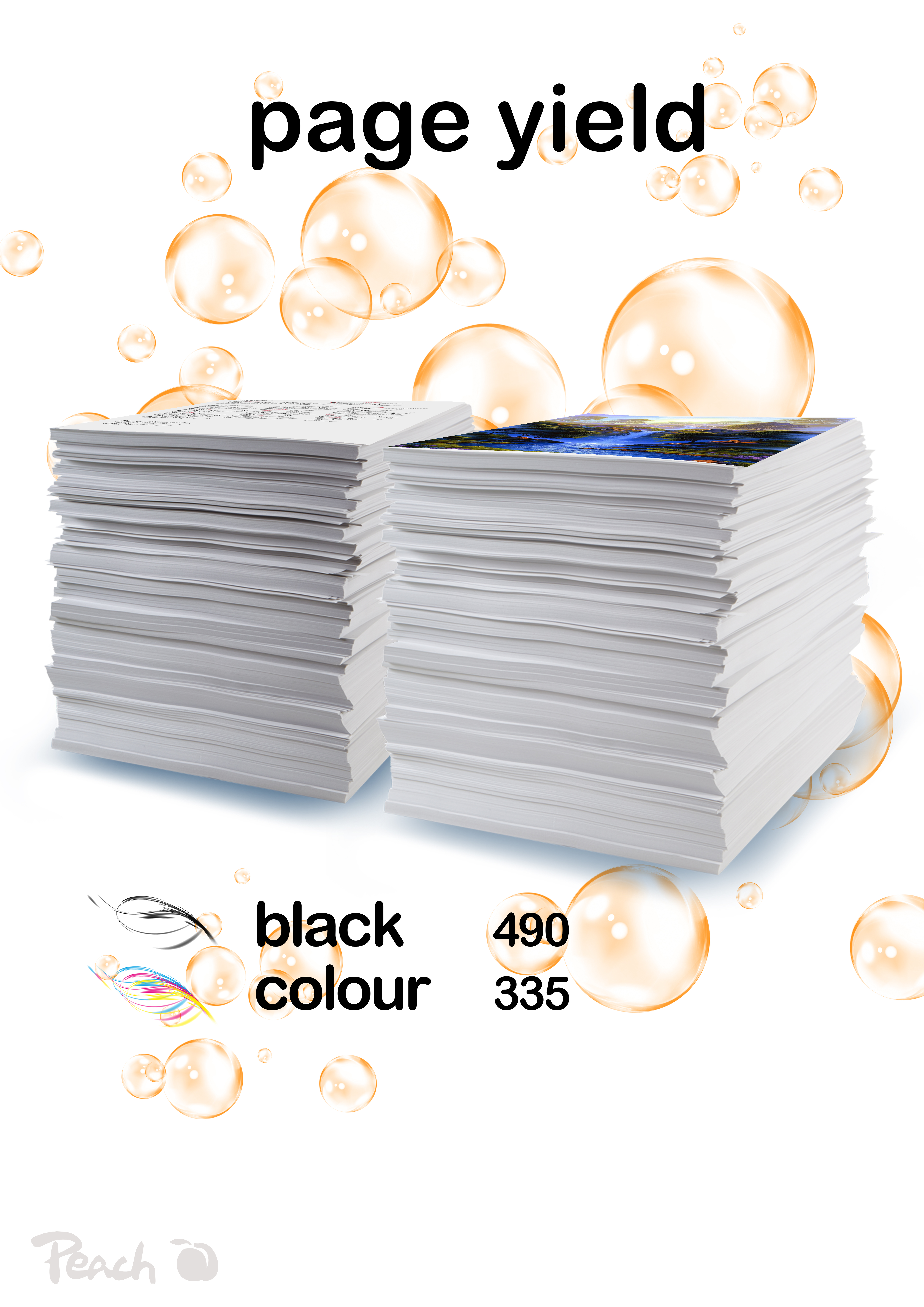 Due pile di carta con testo "page yield" e bolle arancioni.