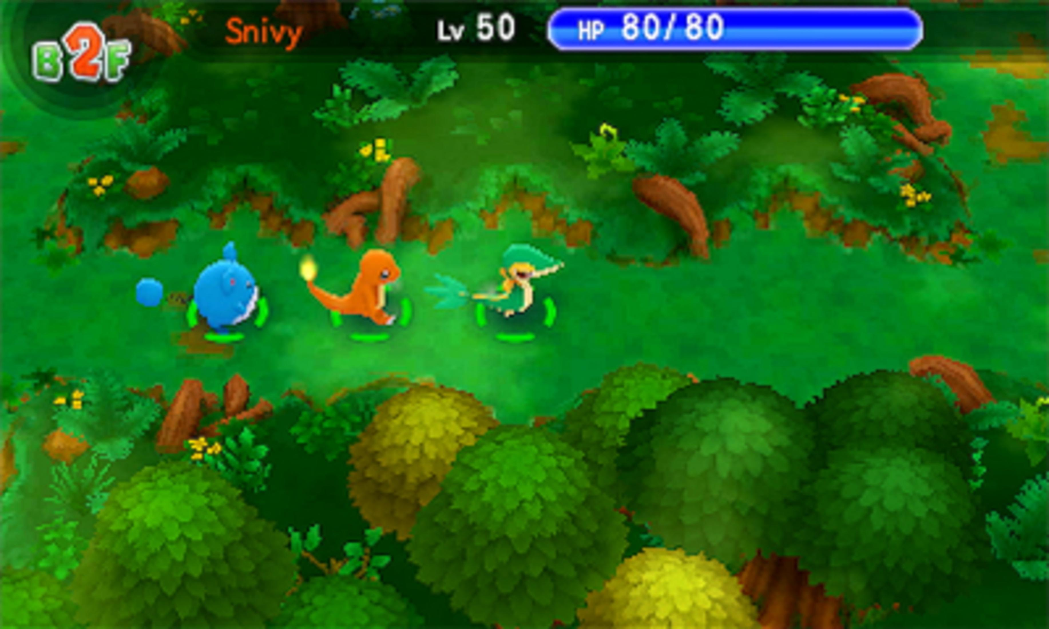 Tre Pokémon, una balena blu, una salamandra arancione e una scimmia verde, stanno in una foresta.