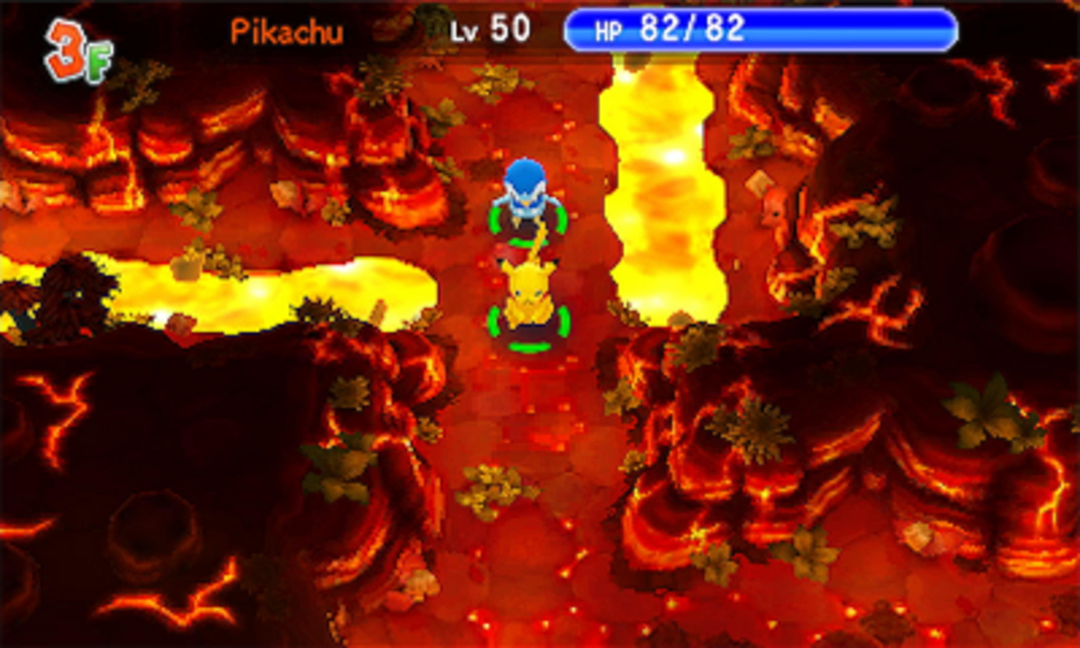 Pikachu e un personaggio blu si trovano su un campo di lava.